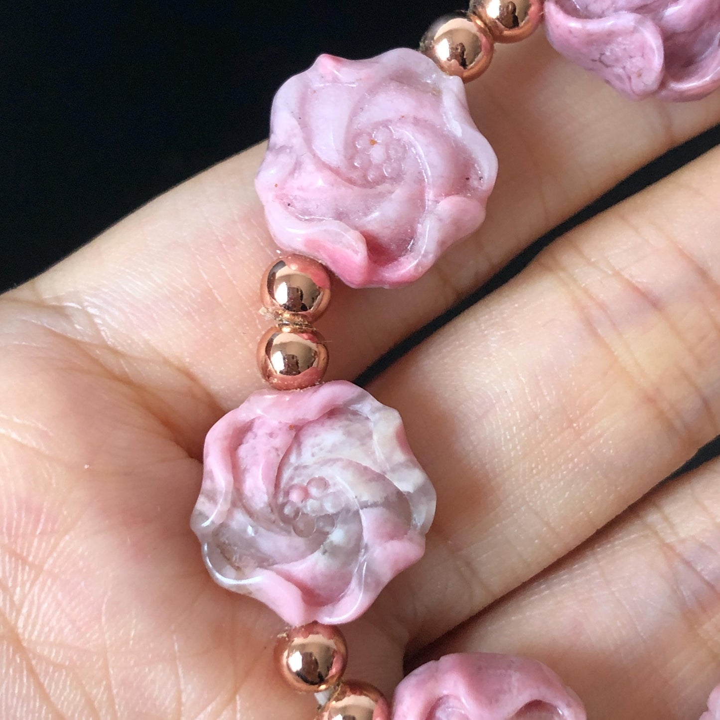 Natural Pink Rhodonite Stone Carved Peony Charm Bracelet | Pink White Crystal | Stretch Elastic Bracelet | Love Stone Gemstone Gift for her, love crystal healing stone heart chakra crystal meditation gemstone flower carving pink crystal pink stone bracelet diy tailor made bracelet rhodonite charm bracelet