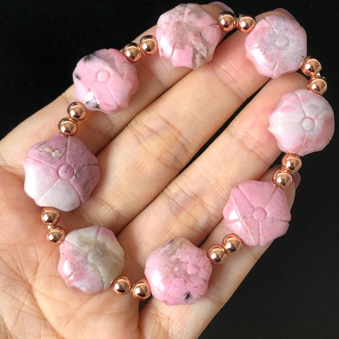 Natural Pink Rhodonite Stone Carved Peony Charm Bracelet | Pink White Crystal | Stretch Elastic Bracelet | Love Stone Gemstone Gift for her, love crystal healing stone heart chakra crystal meditation gemstone flower carving pink crystal pink stone bracelet diy tailor made bracelet rhodonite charm bracelet