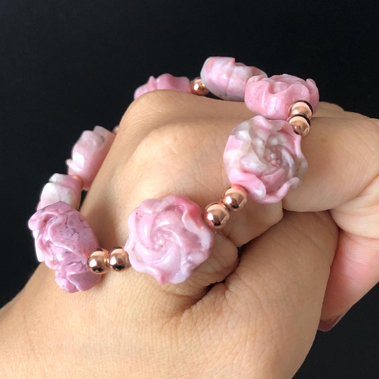 Natural Pink Rhodonite Stone Carved Peony Charm Bracelet | Pink White Crystal | Stretch Elastic Bracelet | Love Stone Gemstone Gift for her, love crystal healing stone heart chakra crystal meditation gemstone flower carving pink crystal pink stone bracelet diy tailor made bracelet rhodonite charm bracelet