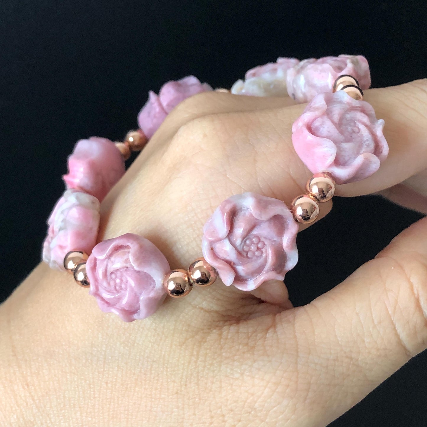 Natural Pink Rhodonite Stone Carved Peony Charm Bracelet | Pink White Crystal | Stretch Elastic Bracelet | Love Stone Gemstone Gift for her, love crystal healing stone heart chakra crystal meditation gemstone flower carving pink crystal pink stone bracelet diy tailor made bracelet rhodonite charm bracelet