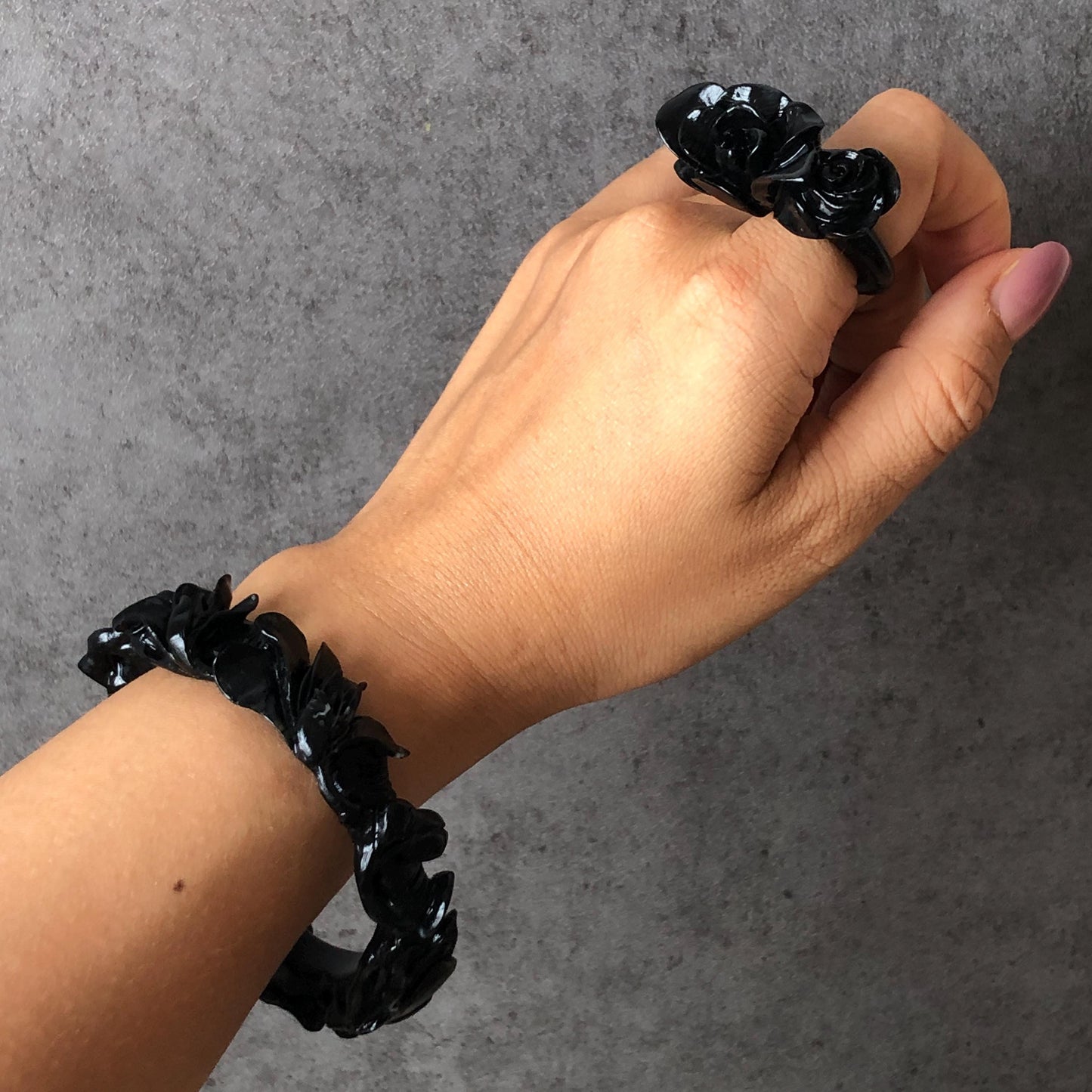 50mm-64mm! Custom Size Natural Xiu Jade Serpentine Hand Carved Black Yulan flowers Bangle & Ring Set | Black Jade Bracelet Personalized Gift for her black jade bangle jade carving hand engraved jade bracelet yulan carving flower carving customized bangle tailor made ring custom-size bangle personalized bande large size bangle small size bangle hand engraved ring certificate jade certified jade big size ring small size ring gothic ring gothic bracelet