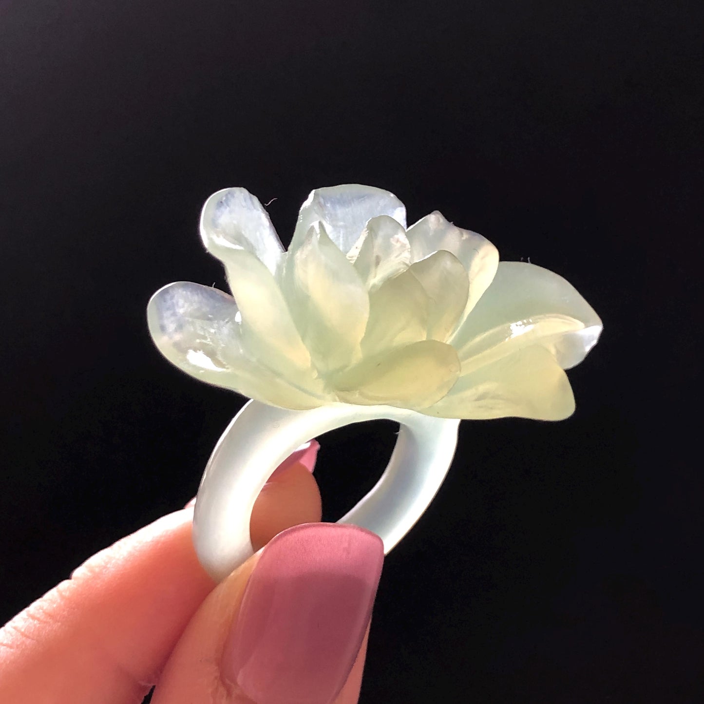 Custom Size Natural Xiu Jade Serpentine Hand Carved Green Yulan flowers Ring | Icy Green Jade | Customised Tailor-made Gemstone Gift for her hand engraved jade ring tailor made jade ring customised jade ring green jade carving flower carving flower statement ring translucent icy jade yulan carving hand carved stone ring carved gemstone ring personalized ring huge ring big cocktail ring large crystal ring