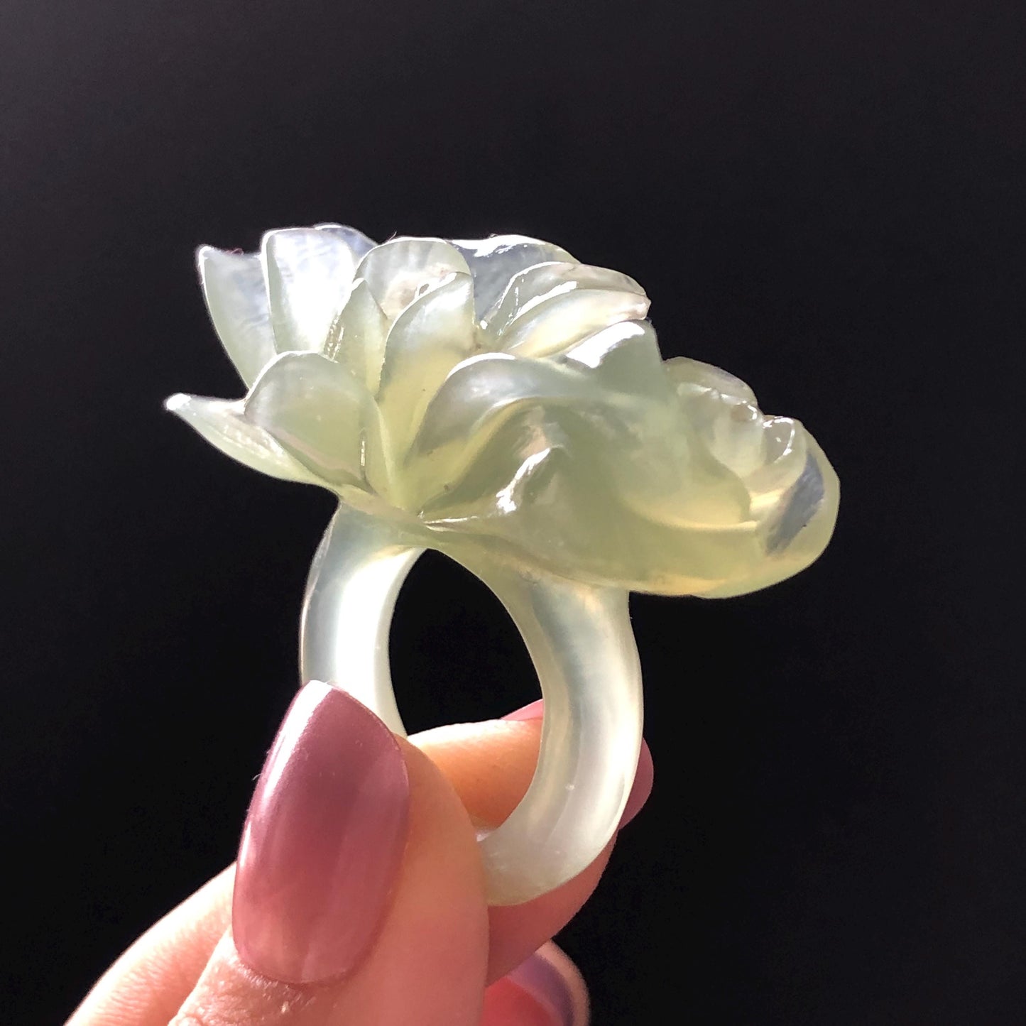 Custom Size Natural Xiu Jade Serpentine Hand Carved Green Yulan flowers Ring | Icy Green Jade | Customised Tailor-made Gemstone Gift for her hand engraved jade ring tailor made jade ring customised jade ring green jade carving flower carving flower statement ring translucent icy jade yulan carving hand carved stone ring carved gemstone ring personalized ring huge ring big cocktail ring large crystal ring