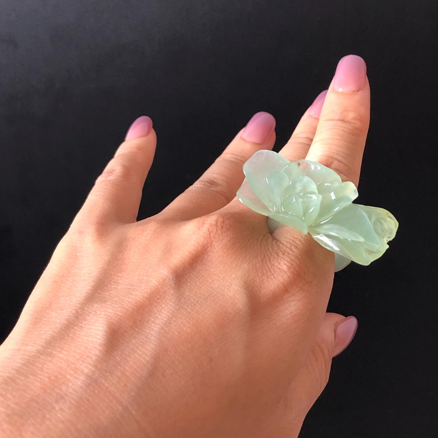 Custom Size Natural Xiu Jade Serpentine Hand Carved Green Yulan flowers Ring | Icy Green Jade | Customised Tailor-made Gemstone Gift for her hand engraved jade ring tailor made jade ring customised jade ring green jade carving flower carving flower statement ring translucent icy jade yulan carving hand carved stone ring carved gemstone ring personalized ring huge ring big cocktail ring large crystal ring