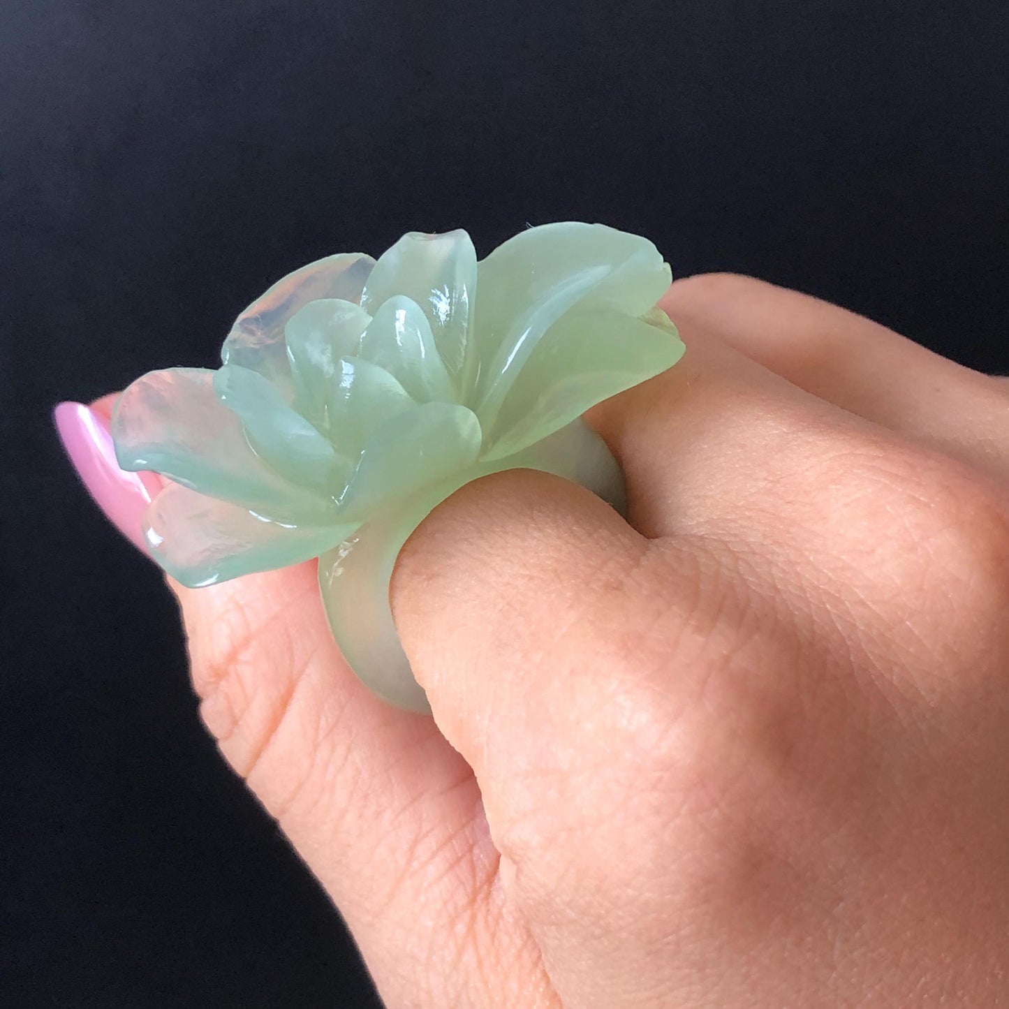 Custom Size Natural Xiu Jade Serpentine Hand Carved Green Yulan flowers Ring | Icy Green Jade | Customised Tailor-made Gemstone Gift for her hand engraved jade ring tailor made jade ring customised jade ring green jade carving flower carving flower statement ring translucent icy jade yulan carving hand carved stone ring carved gemstone ring personalized ring huge ring big cocktail ring large crystal ring