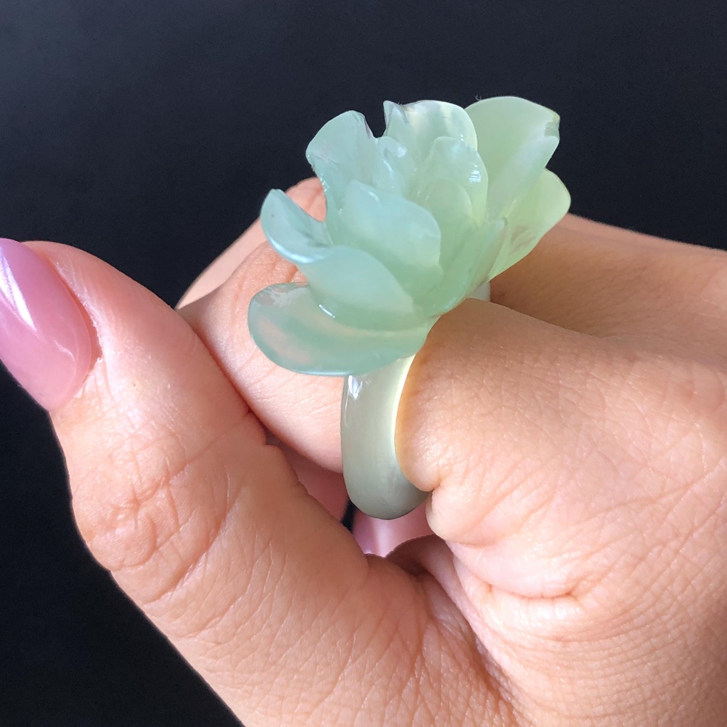 Custom Size Natural Xiu Jade Serpentine Hand Carved Green Yulan flowers Ring | Icy Green Jade | Customised Tailor-made Gemstone Gift for her hand engraved jade ring tailor made jade ring customised jade ring green jade carving flower carving flower statement ring translucent icy jade yulan carving hand carved stone ring carved gemstone ring personalized ring huge ring big cocktail ring large crystal ring