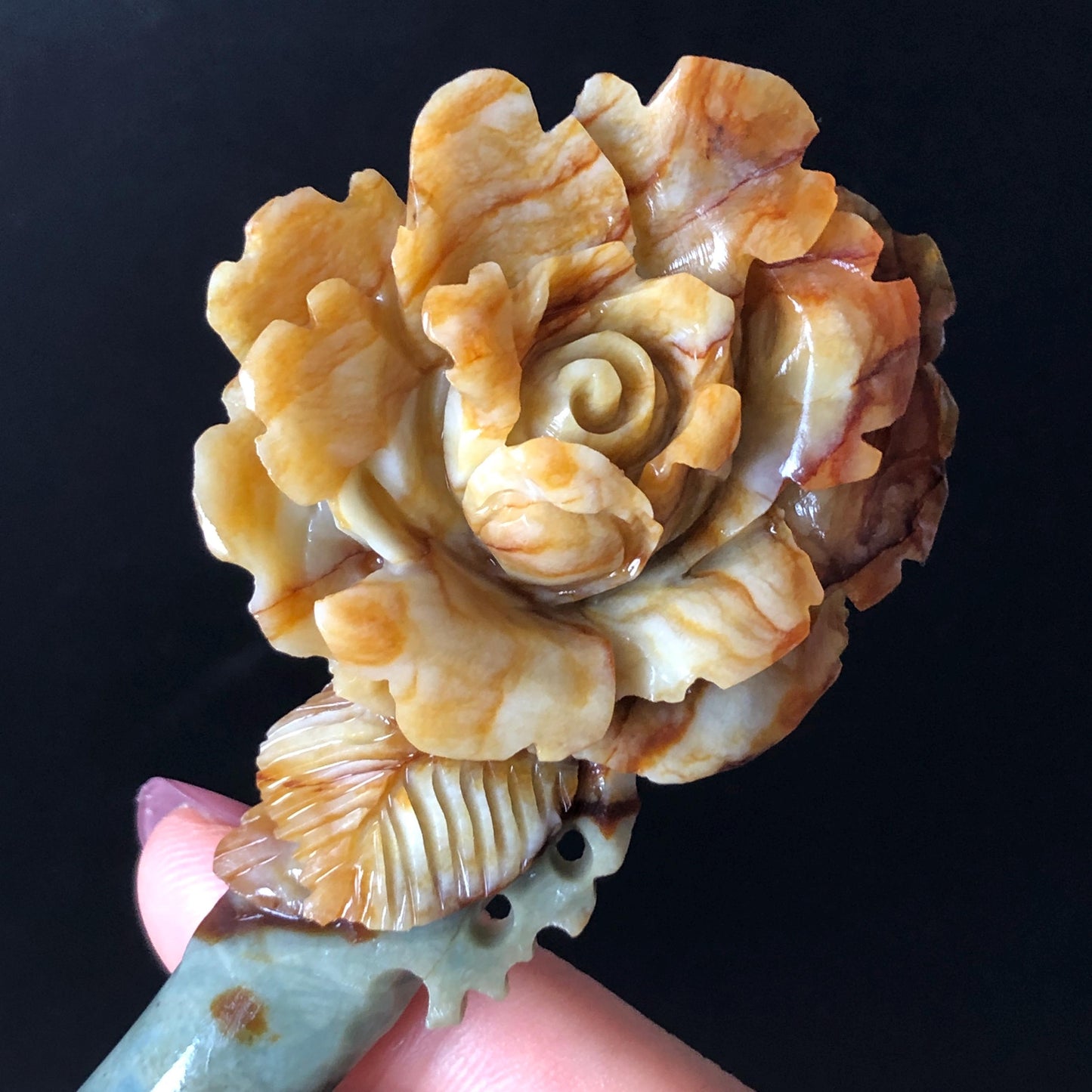 Certified Natural Xiu Jade Serpentine Hand Carved Rose Flower Hair Pin | Green Yellow Brown Green Jade Hair Stick | Asian Chinese Hair Fork Gift for her green jade yellow jade brown jade carving rose carving flower carving hand engraved rose hair pins hand carved flower hair stick japanese hair clip korean hair comb asian hair stick bridal shower hair clip wedding hair accessories natural untreated jade with certificiate