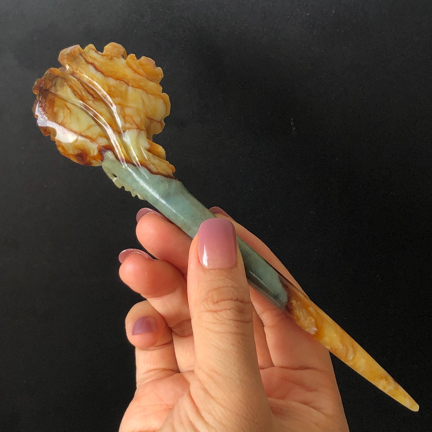 Certified Natural Xiu Jade Serpentine Hand Carved Rose Flower Hair Pin | Green Yellow Brown Green Jade Hair Stick | Asian Chinese Hair Fork Gift for her green jade yellow jade brown jade carving rose carving flower carving hand engraved rose hair pins hand carved flower hair stick japanese hair clip korean hair comb asian hair stick bridal shower hair clip wedding hair accessories natural untreated jade with certificiate