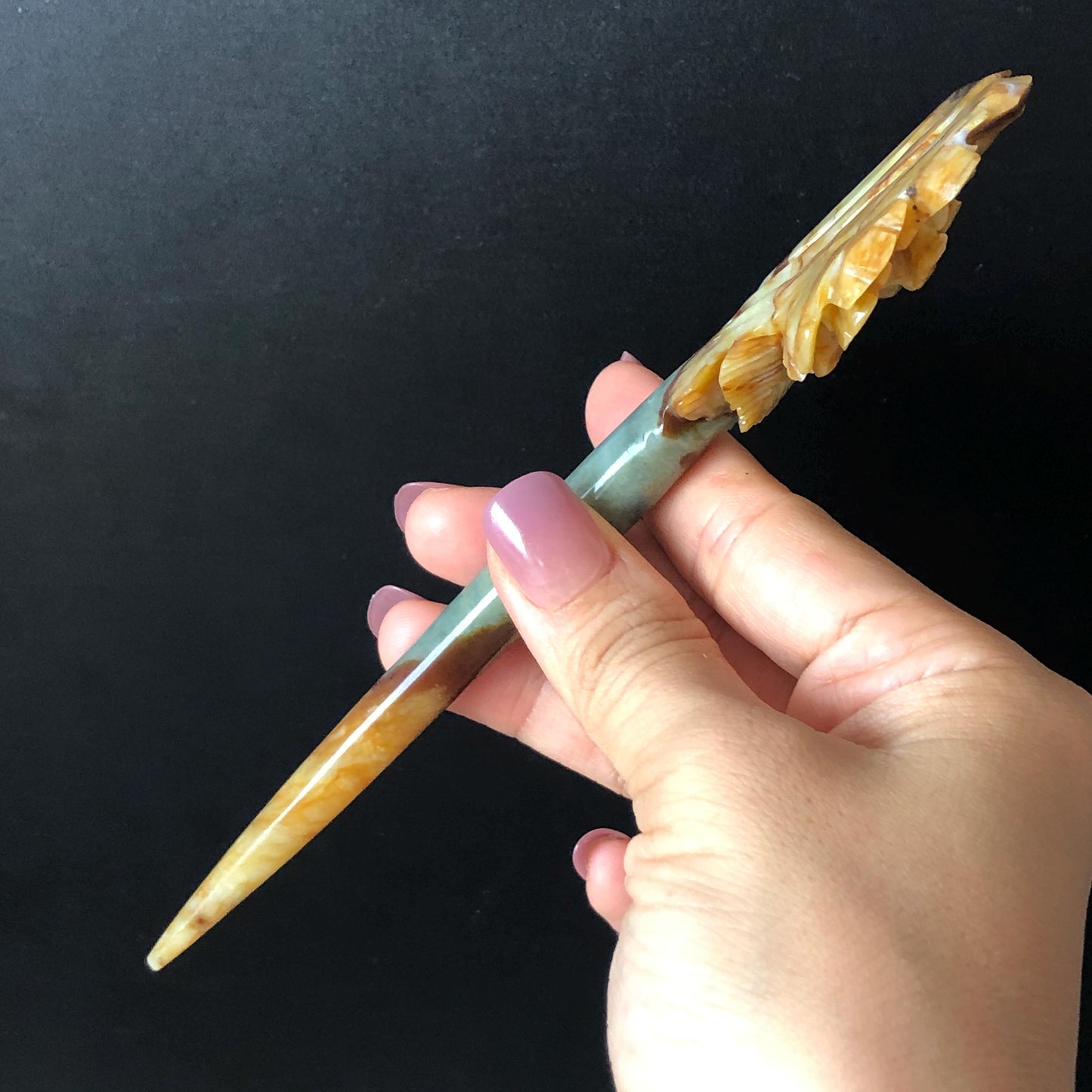 Certified Natural Xiu Jade Serpentine Hand Carved Rose Flower Hair Pin | Green Yellow Brown Green Jade Hair Stick | Asian Chinese Hair Fork Gift for her green jade yellow jade brown jade carving rose carving flower carving hand engraved rose hair pins hand carved flower hair stick japanese hair clip korean hair comb asian hair stick bridal shower hair clip wedding hair accessories natural untreated jade with certificiate