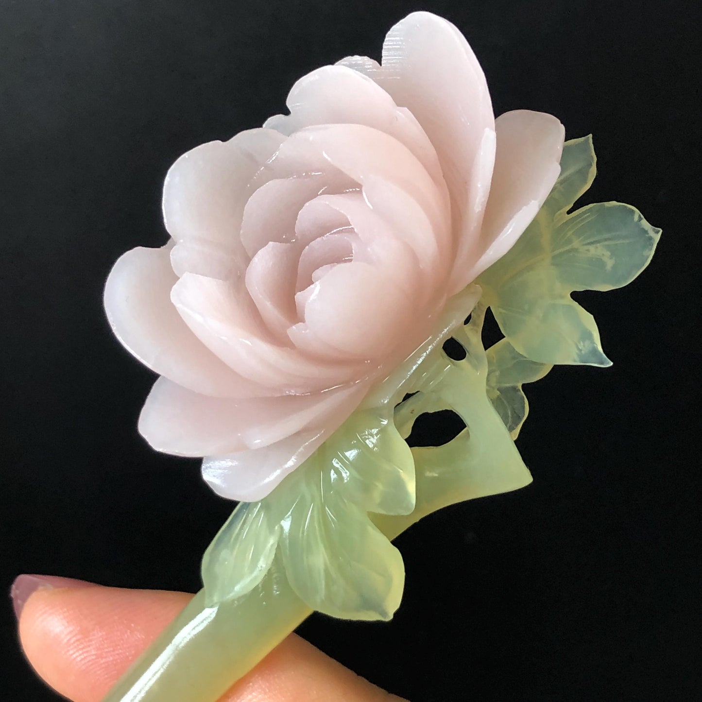 Xiu Jade Serpentine Hand Carved Pink Peony Flower Hair Pin | Pink & Green Jade Hair Stick | Asian Chinese Vintage Bridal Hair Accessories Gift for her pink jade carving green jade hand engraved peony hairpins flower carving peony carving vinatge hairpins antique hair fork japanese hair clip korean hair comb hanfu hair stick bridal shower gift wedding hair jewelry engagement hair clip
