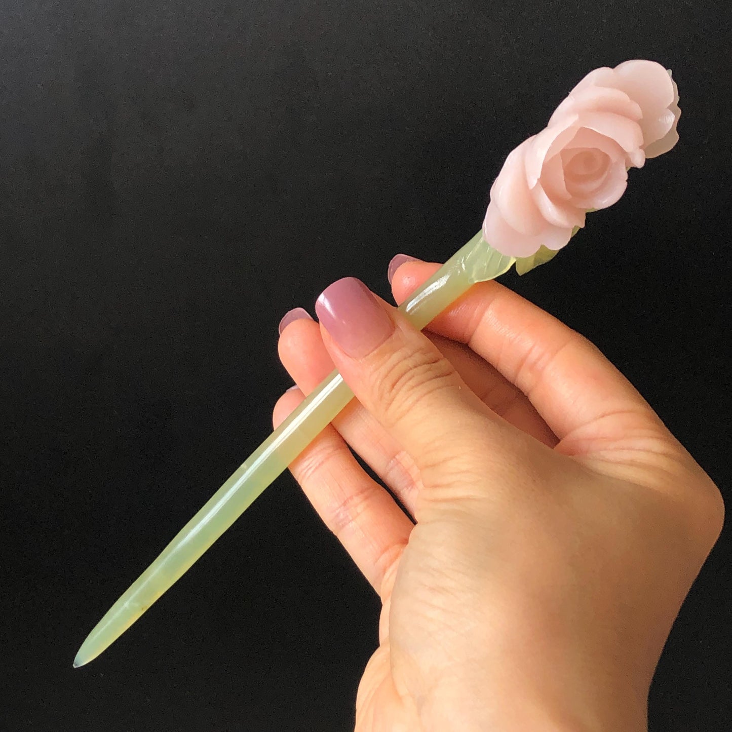 Xiu Jade Serpentine Hand Carved Pink Peony Flower Hair Pin | Pink & Green Jade Hair Stick | Asian Chinese Vintage Bridal Hair Accessories Gift for her pink jade carving green jade hand engraved peony hairpins flower carving peony carving vinatge hairpins antique hair fork japanese hair clip korean hair comb hanfu hair stick bridal shower gift wedding hair jewelry engagement hair clip