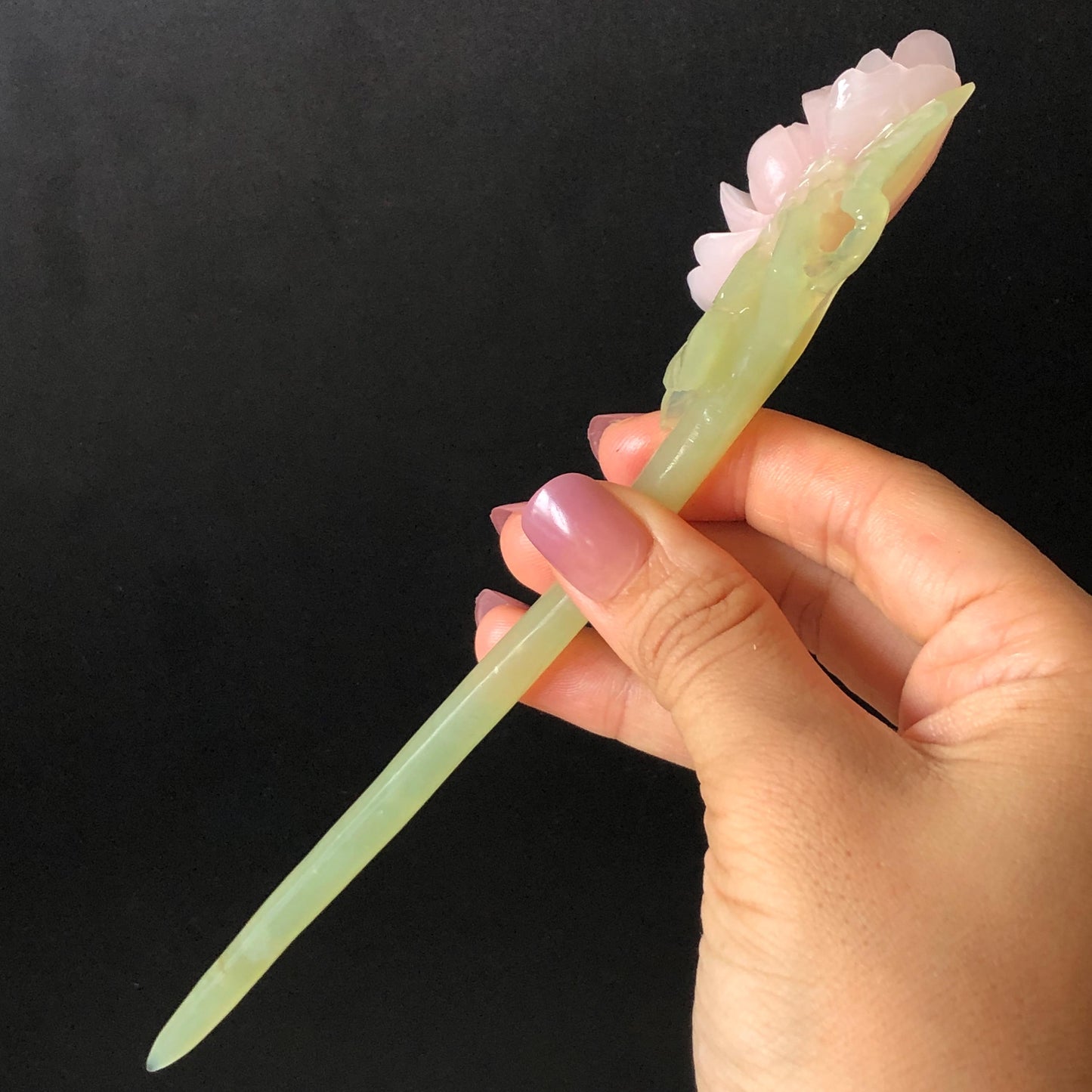 Xiu Jade Serpentine Hand Carved Pink Peony Flower Hair Pin | Pink & Green Jade Hair Stick | Asian Chinese Vintage Bridal Hair Accessories Gift for her pink jade carving green jade hand engraved peony hairpins flower carving peony carving vinatge hairpins antique hair fork japanese hair clip korean hair comb hanfu hair stick bridal shower gift wedding hair jewelry engagement hair clip