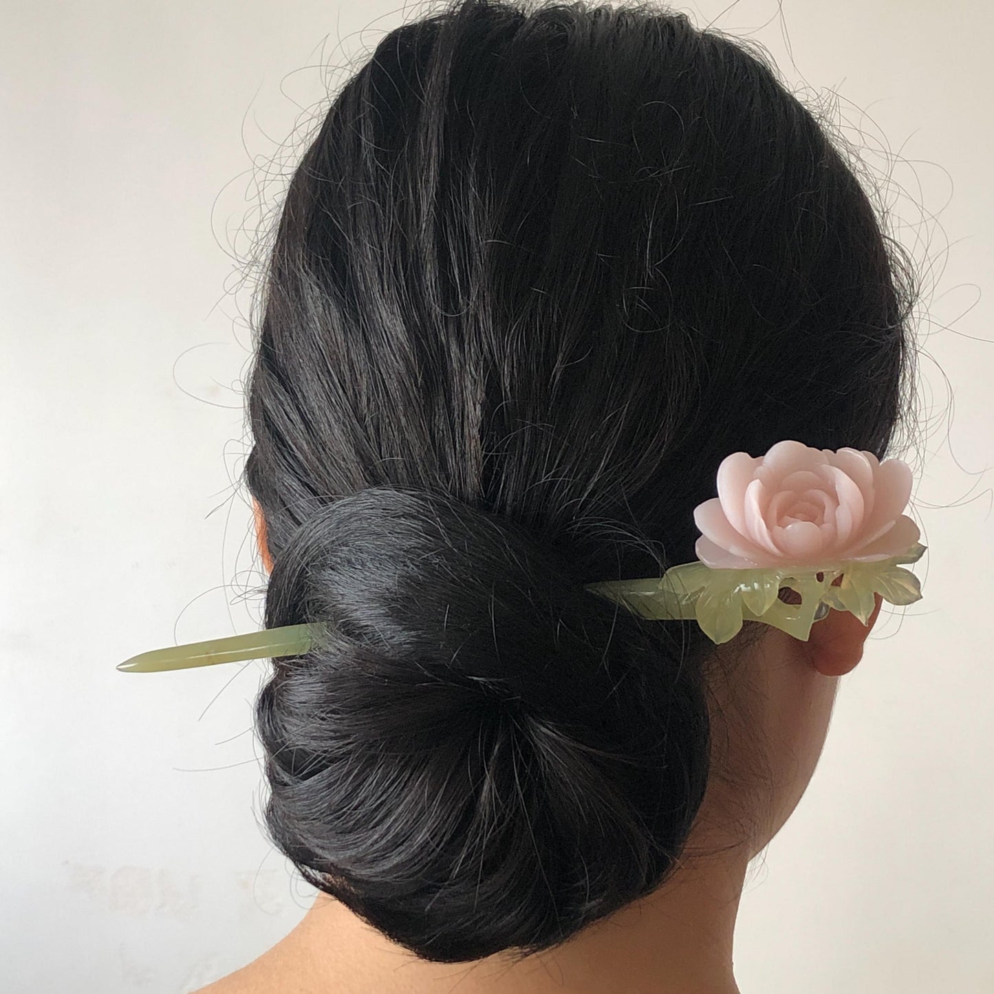Xiu Jade Serpentine Hand Carved Pink Peony Flower Hair Pin | Pink & Green Jade Hair Stick | Asian Chinese Vintage Bridal Hair Accessories Gift for her pink jade carving green jade hand engraved peony hairpins flower carving peony carving vinatge hairpins antique hair fork japanese hair clip korean hair comb hanfu hair stick bridal shower gift wedding hair jewelry engagement hair clip