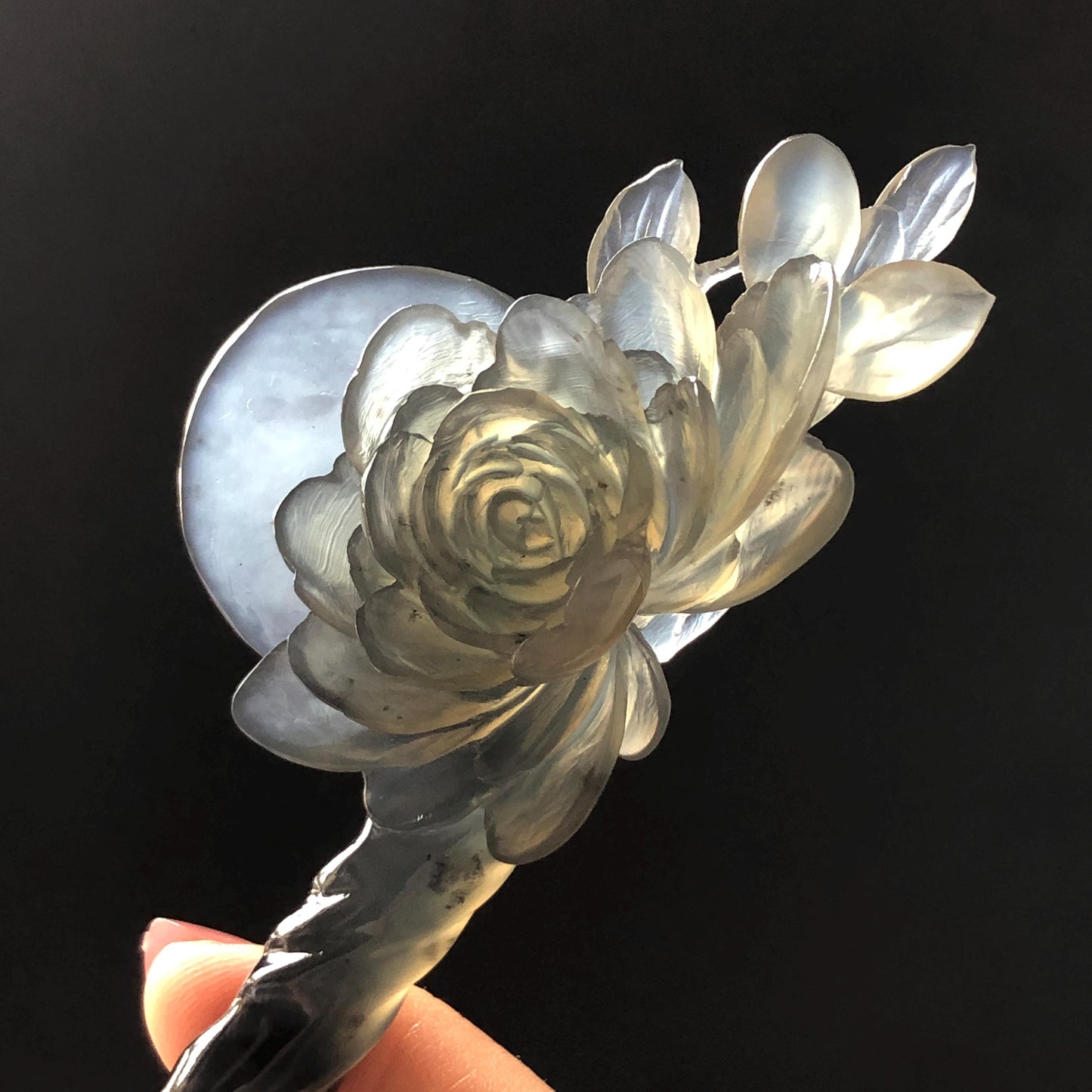 Certified Natural Xiu Jade Serpentine Hand Carved Peony Flower & Full Moon Hair Pin | Ice Black Jade Hair Stick | Asian Vintage Style Gift for her black jade carving chinese jade hairpins flower carving peony carving hand engraved jade hair stick japanese hair clip korean hair stick hanfu hair pins vintage hair comb antique hair fork bridal shower gift gothic hairpins bridal shower gift jade with certificate