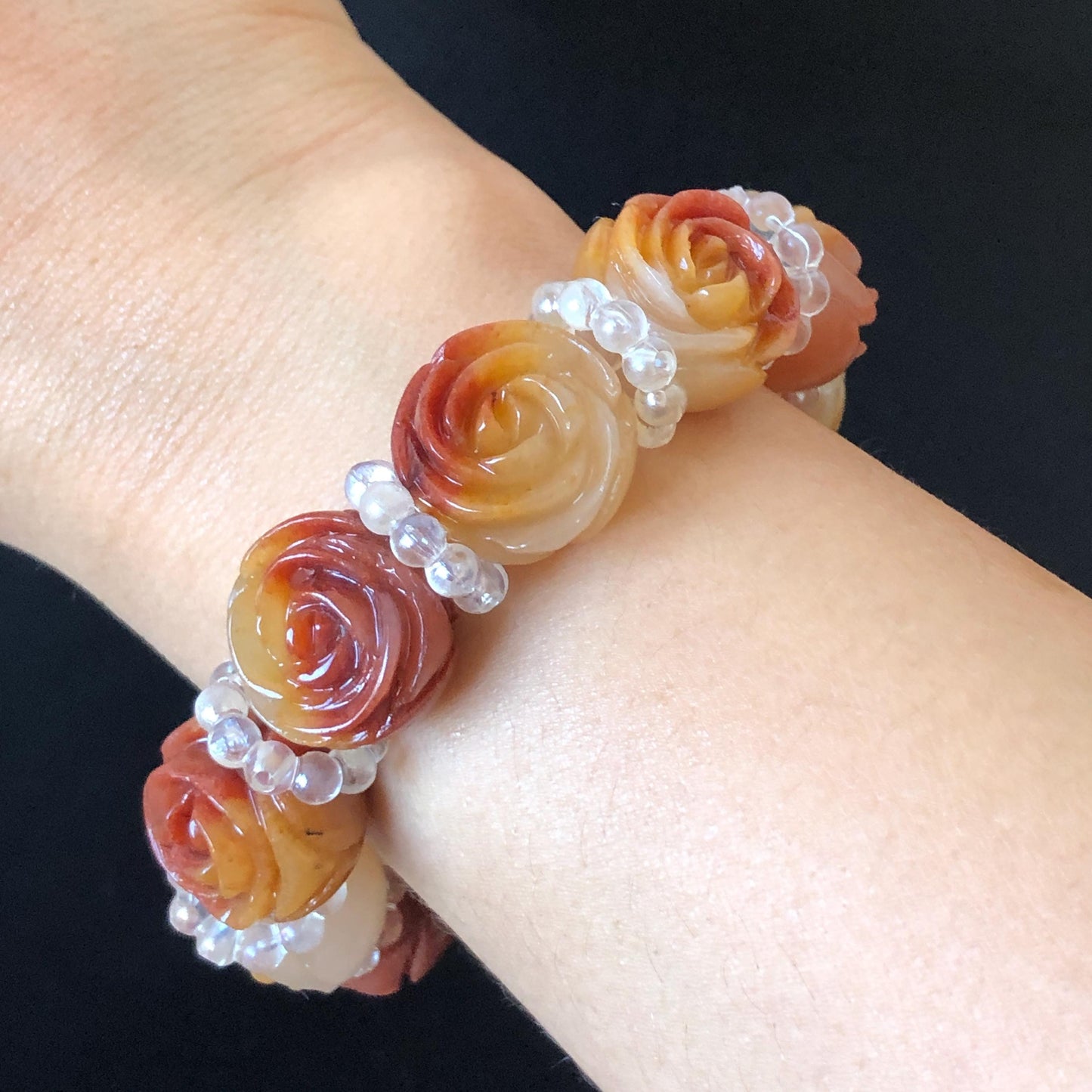 Natural SheTaiCui Jade Quartzite Hand Carved Tri-colour Rose Big Bead Elastic Bracelet | Red Yellow White Jade Charms | Personalization Gift for her, elastic stretch bracelet, huge bead bracelet, jade bead bracelet, red jade white jade yellow jade Multicolour jade chinese jade tailor made bracelet personalized bracelet rose charm hand carved bead bracelet hand engraved jade bracelet hand carved rose bracelet rose carving flower carving hand engraved rose bead