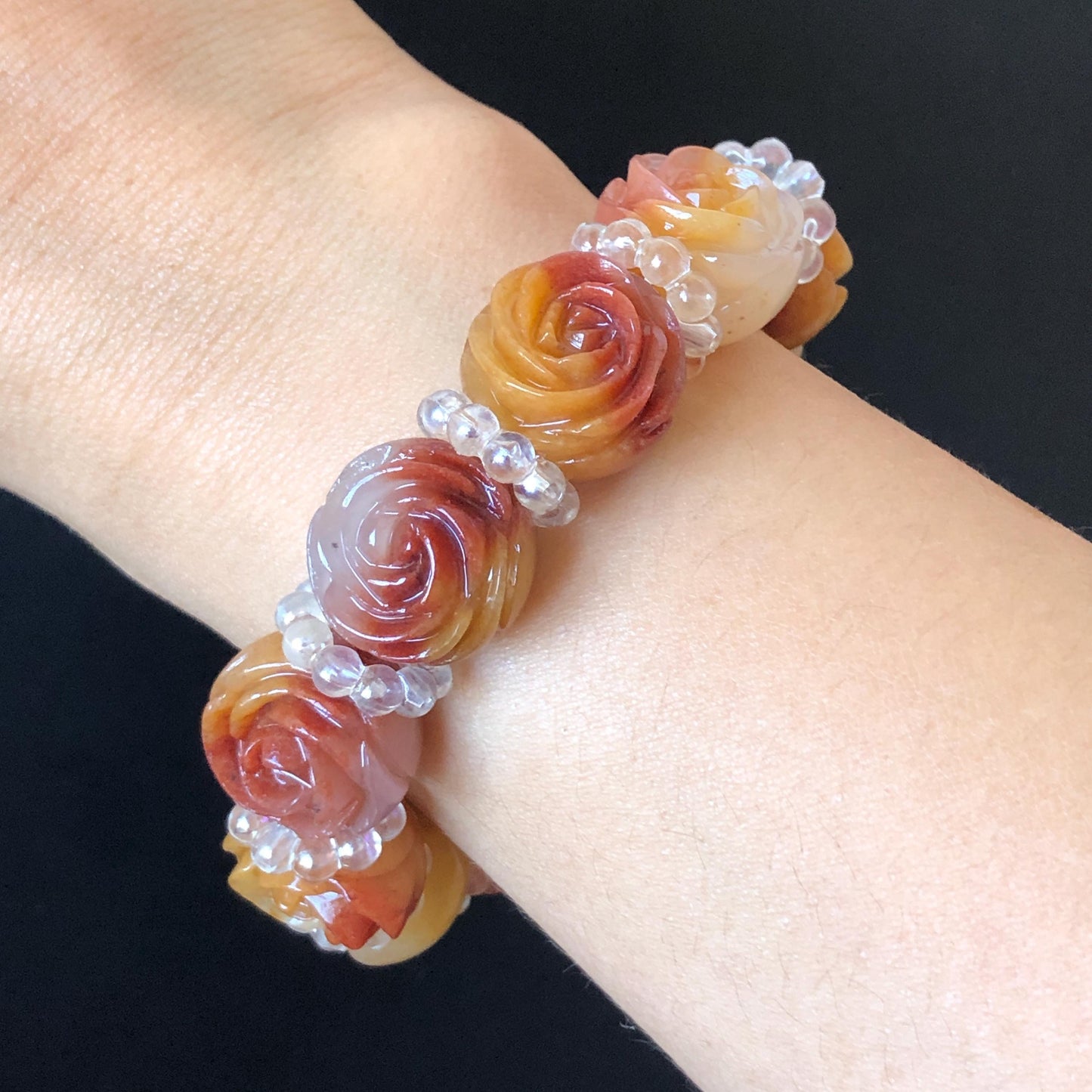 Natural SheTaiCui Jade Quartzite Hand Carved Tri-colour Rose Big Bead Elastic Bracelet | Red Yellow White Jade Charms | Personalization Gift for her, elastic stretch bracelet, huge bead bracelet, jade bead bracelet, red jade white jade yellow jade Multicolour jade chinese jade tailor made bracelet personalized bracelet rose charm hand carved bead bracelet hand engraved jade bracelet hand carved rose bracelet rose carving flower carving hand engraved rose bead