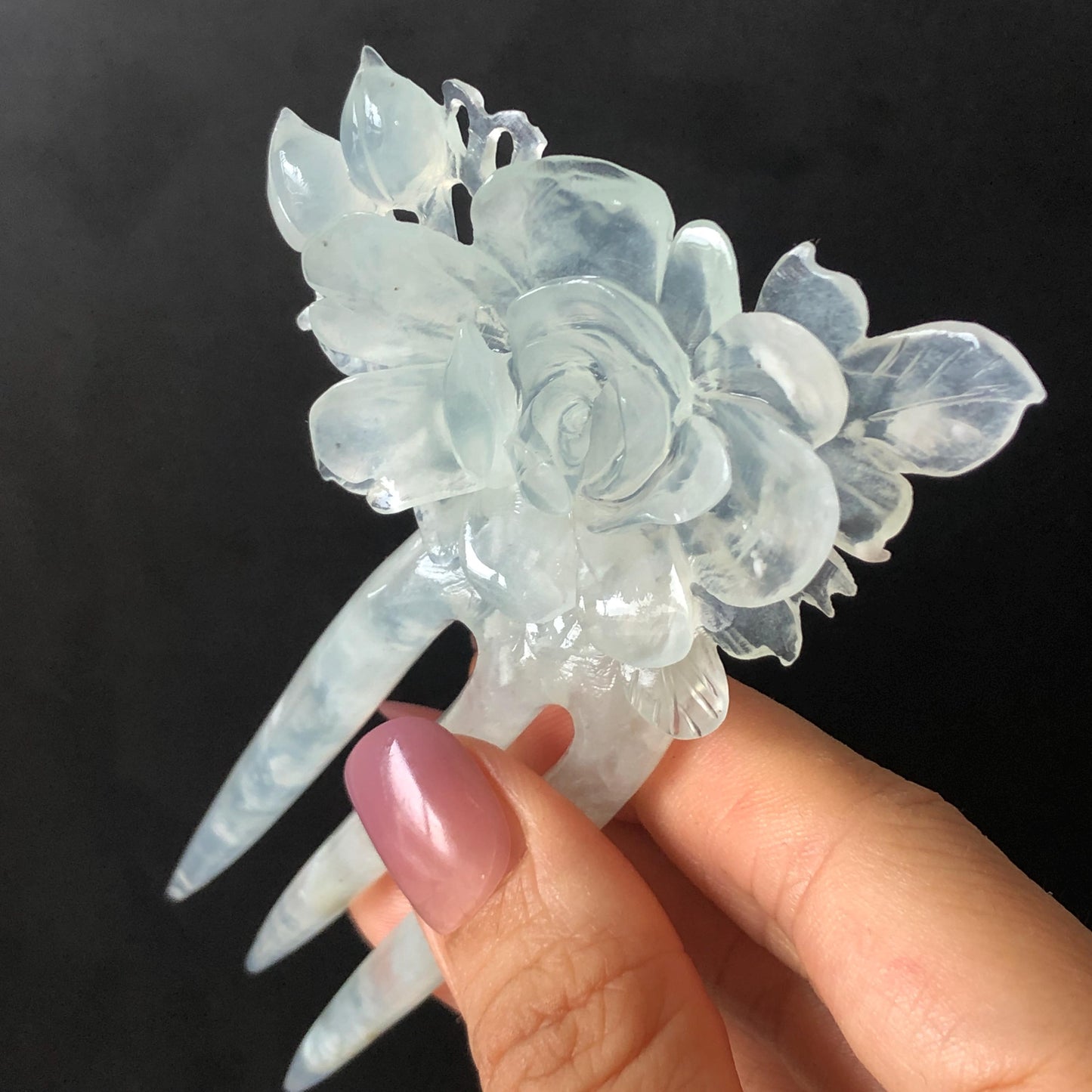 Certified Natural Xiu Jade Serpentine Hand Carved Blue Peony Flower Hair Pin, Blue Jade Hair Stick, Asian Hair Fork Bridal Wedding Headpiece gift for her blue jade carving flower carving peony carving hand engraved flower hair fork japanese hair clip korean hair stick hanfu hairpins vintage hair comb antique hair fork untreated natural jade with certificate bridal shower gift bridal hair clip