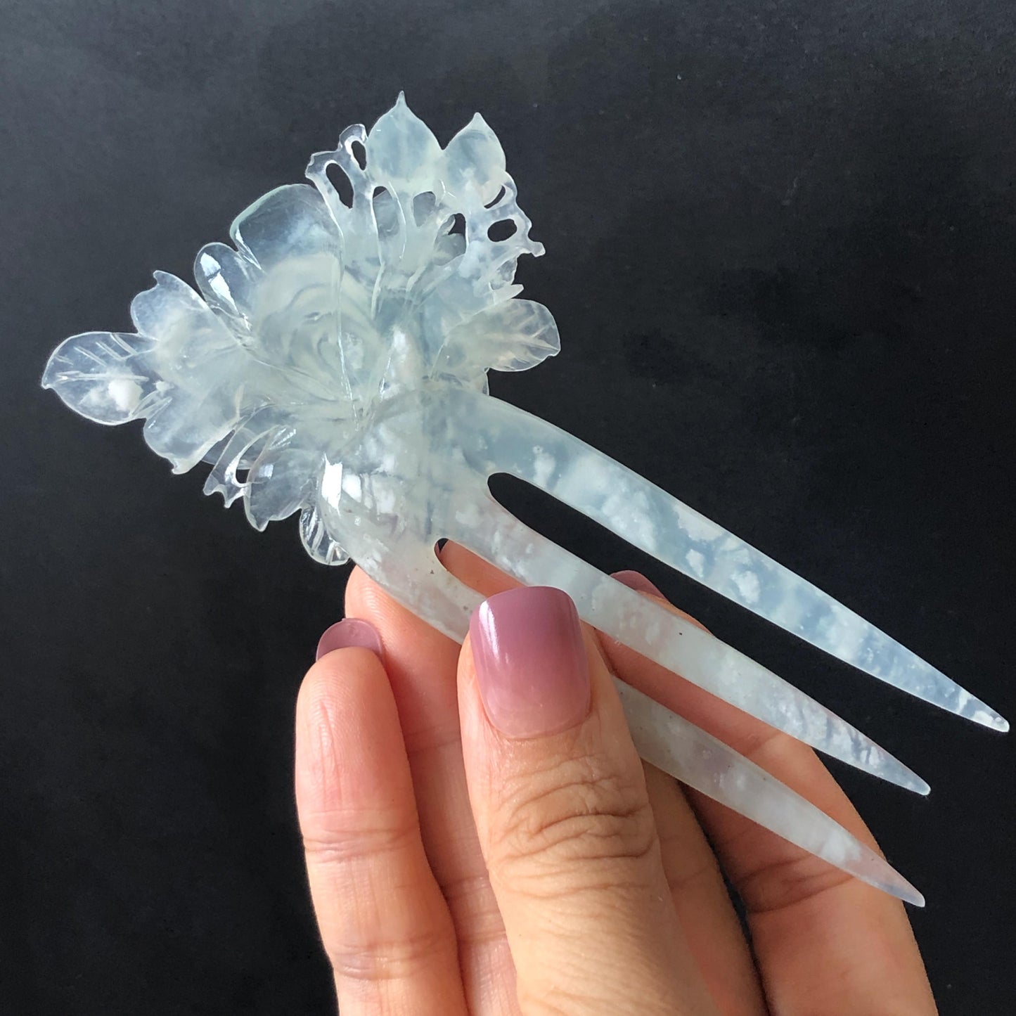 Certified Natural Xiu Jade Serpentine Hand Carved Blue Peony Flower Hair Pin, Blue Jade Hair Stick, Asian Hair Fork Bridal Wedding Headpiece gift for her blue jade carving flower carving peony carving hand engraved flower hair fork japanese hair clip korean hair stick hanfu hairpins vintage hair comb antique hair fork untreated natural jade with certificate bridal shower gift bridal hair clip