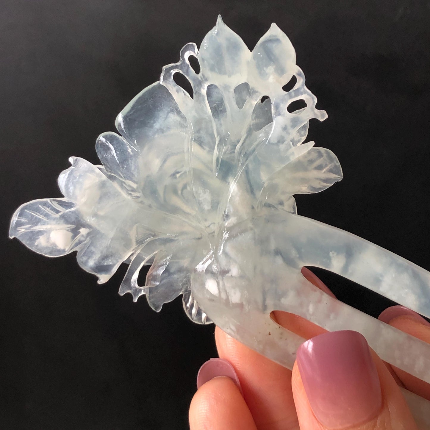 Certified Natural Xiu Jade Serpentine Hand Carved Blue Peony Flower Hair Pin, Blue Jade Hair Stick, Asian Hair Fork Bridal Wedding Headpiece gift for her blue jade carving flower carving peony carving hand engraved flower hair fork japanese hair clip korean hair stick hanfu hairpins vintage hair comb antique hair fork untreated natural jade with certificate bridal shower gift bridal hair clip