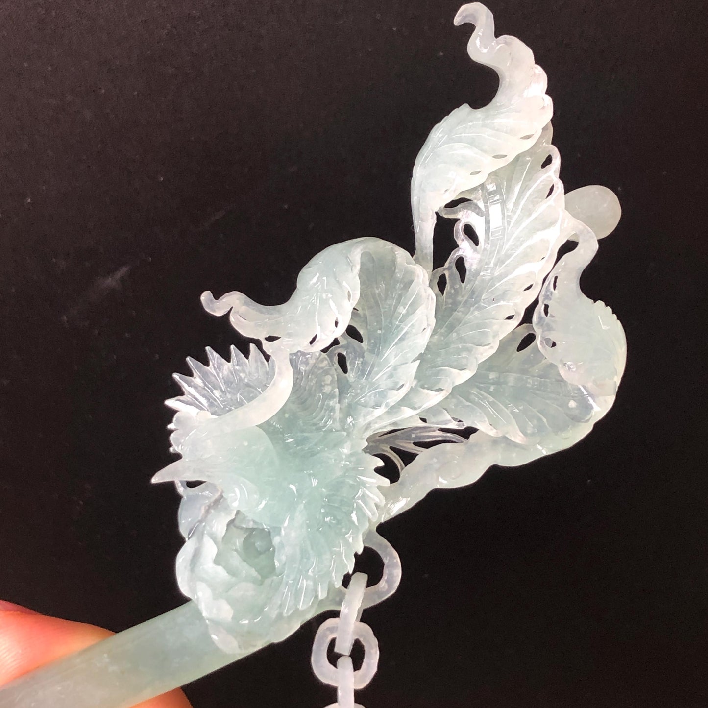 Certified Natural Xiu Jade (Serpentine) Hand Carved Blue Ice Phoenix Hair Pin | Asian Chinese Vintage Hanfu Frosty Sky Blue Jade Hair Stick gift for her blue jade carving hand carved phoenix carving ice phoenix hair stick chinese jade hair fork japanese hairpins korean hair stick vintage hair comb bridal hair clip antique hairpins hanfu hair stick wedding hair headpiece bridal shower gift engagement hair jewelry