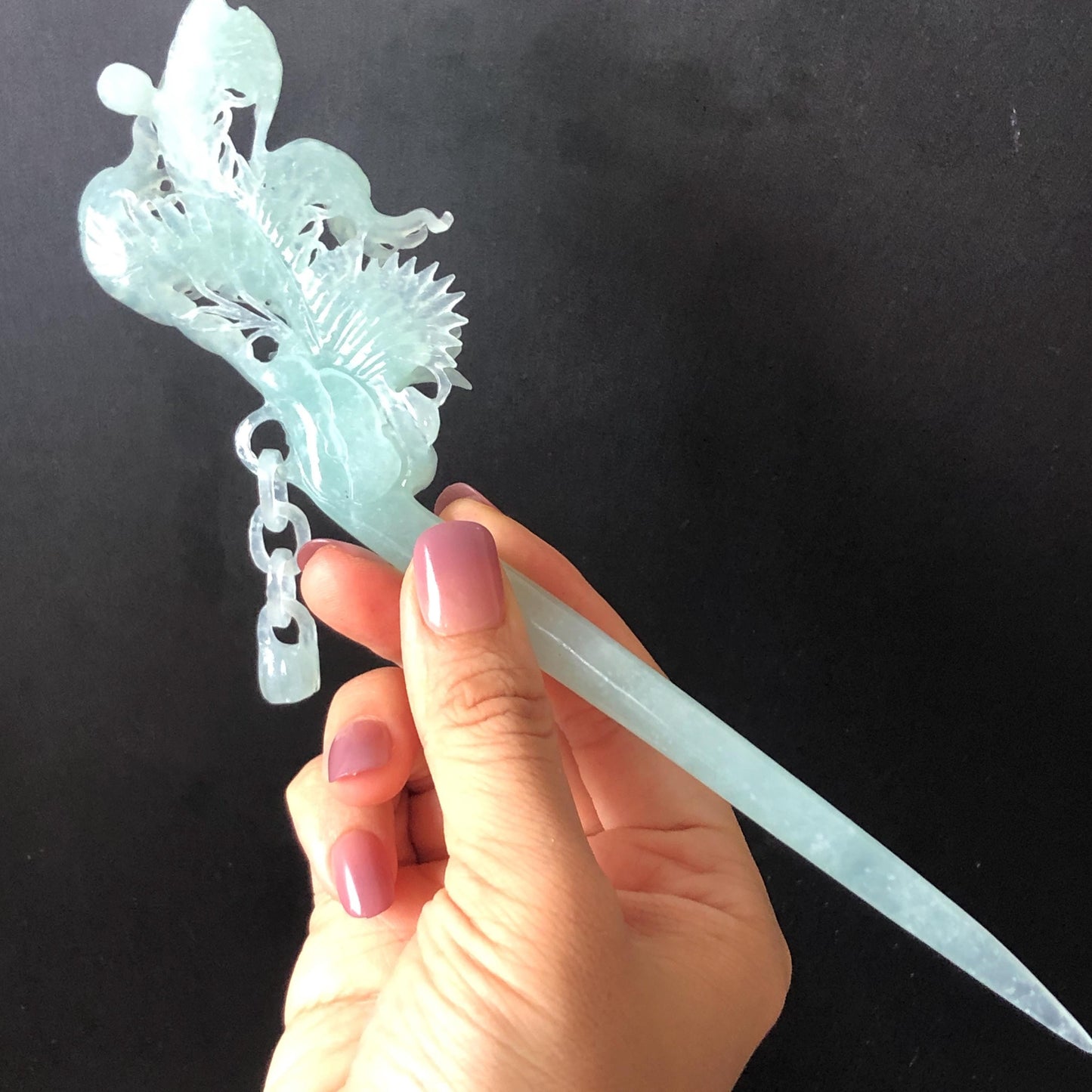 Certified Natural Xiu Jade (Serpentine) Hand Carved Blue Ice Phoenix Hair Pin | Asian Chinese Vintage Hanfu Frosty Sky Blue Jade Hair Stick gift for her blue jade carving hand carved phoenix carving ice phoenix hair stick chinese jade hair fork japanese hairpins korean hair stick vintage hair comb bridal hair clip antique hairpins hanfu hair stick wedding hair headpiece bridal shower gift engagement hair jewelry