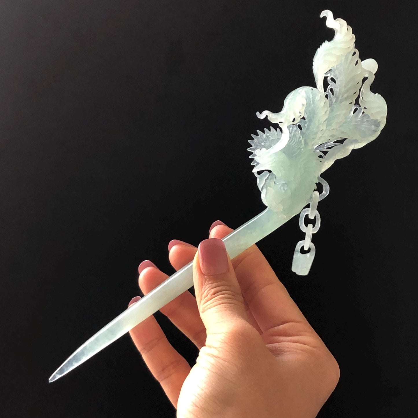 Certified Natural Xiu Jade (Serpentine) Hand Carved Blue Ice Phoenix Hair Pin | Asian Chinese Vintage Hanfu Frosty Sky Blue Jade Hair Stick gift for her blue jade carving hand carved phoenix carving ice phoenix hair stick chinese jade hair fork japanese hairpins korean hair stick vintage hair comb bridal hair clip antique hairpins hanfu hair stick wedding hair headpiece bridal shower gift engagement hair jewelry