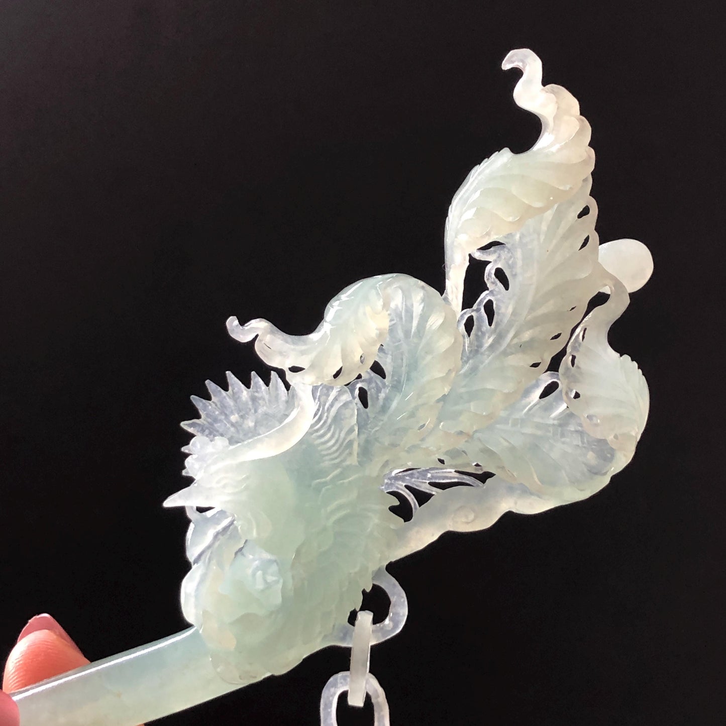Certified Natural Xiu Jade (Serpentine) Hand Carved Blue Ice Phoenix Hair Pin | Asian Chinese Vintage Hanfu Frosty Sky Blue Jade Hair Stick gift for her blue jade carving hand carved phoenix carving ice phoenix hair stick chinese jade hair fork japanese hairpins korean hair stick vintage hair comb bridal hair clip antique hairpins hanfu hair stick wedding hair headpiece bridal shower gift engagement hair jewelry