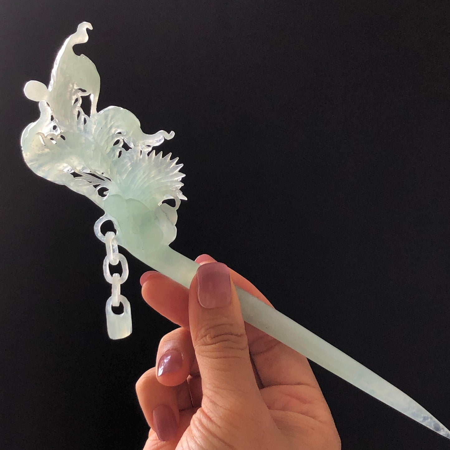 Certified Natural Xiu Jade (Serpentine) Hand Carved Blue Ice Phoenix Hair Pin | Asian Chinese Vintage Hanfu Frosty Sky Blue Jade Hair Stick gift for her blue jade carving hand carved phoenix carving ice phoenix hair stick chinese jade hair fork japanese hairpins korean hair stick vintage hair comb bridal hair clip antique hairpins hanfu hair stick wedding hair headpiece bridal shower gift engagement hair jewelry