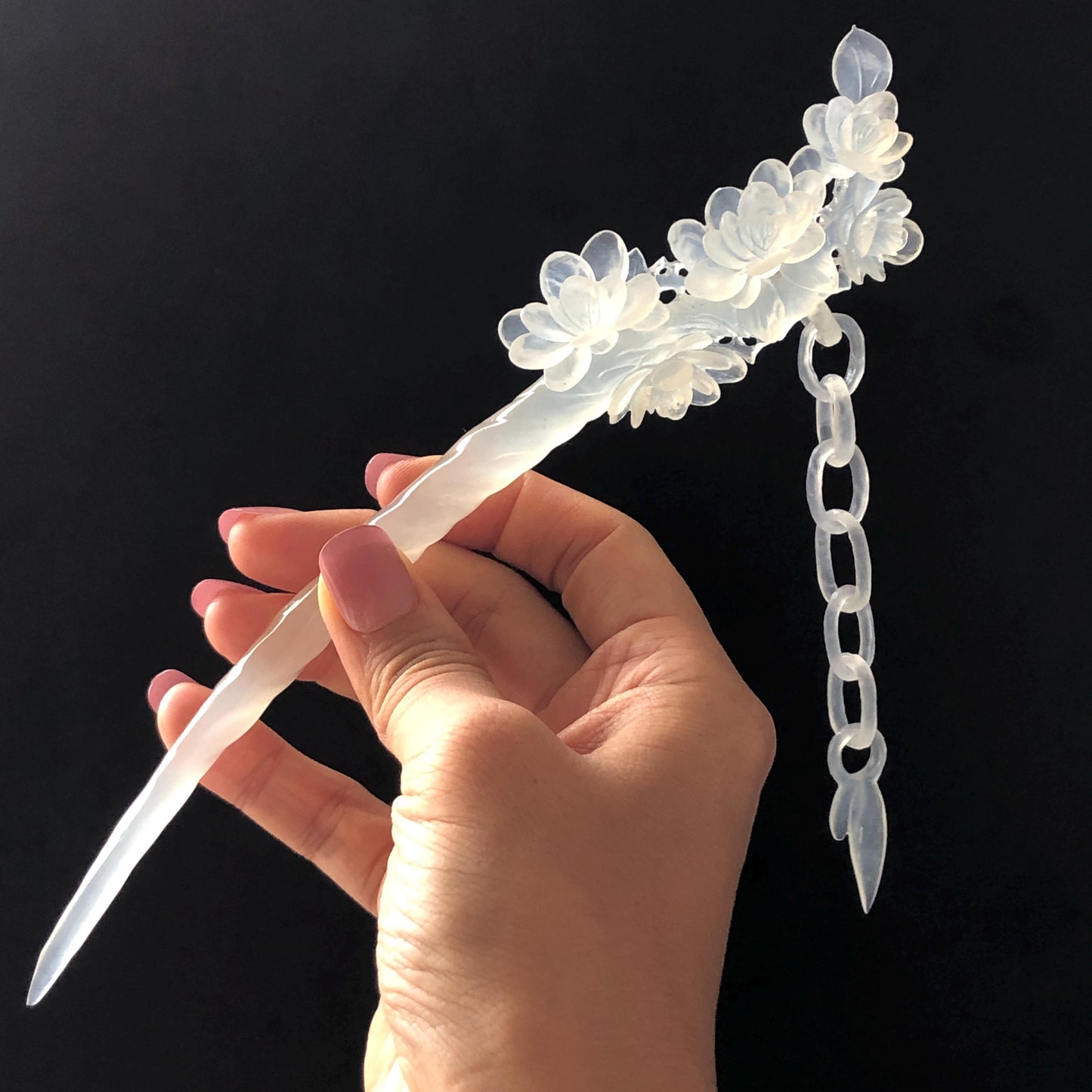 Certificate Natural Xiu Jade Serpentine Hand Carved Camellia Flower Hair Pin & Long Dangle | Asian Chinese Vintage Ice White Jade Hair Stick gift for her white jade carving camellia caving hand engraved flower hair stick hand carved jade hairpins japanese hair clip korean hair stick hanfu hairpins vintage hair comb antique hair fork bridal hair clip wedding hair headpiece bridal shower gift engagement hair accessory jade hair jewelry certified untreated jade