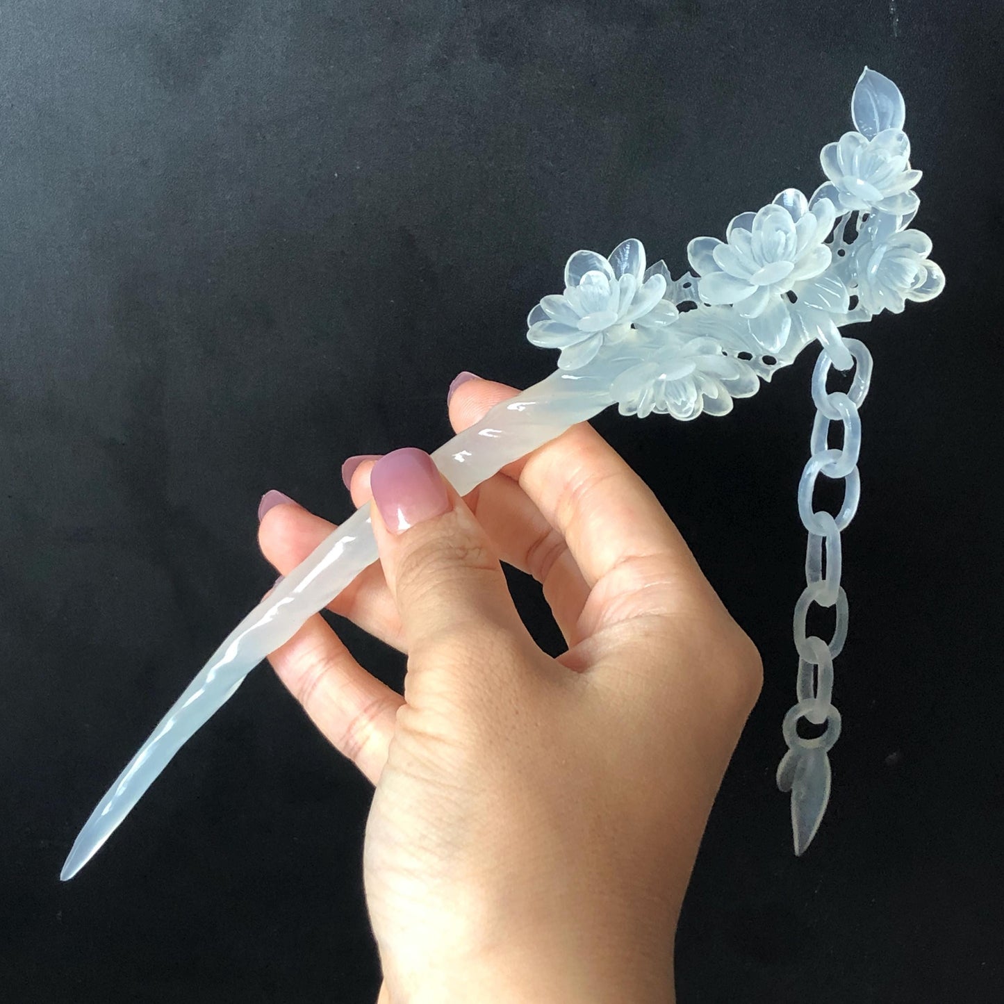 Certificate Natural Xiu Jade Serpentine Hand Carved Camellia Flower Hair Pin & Long Dangle | Asian Chinese Vintage Ice White Jade Hair Stick gift for her white jade carving camellia caving hand engraved flower hair stick hand carved jade hairpins japanese hair clip korean hair stick hanfu hairpins vintage hair comb antique hair fork bridal hair clip wedding hair headpiece bridal shower gift engagement hair accessory jade hair jewelry certified untreated jade