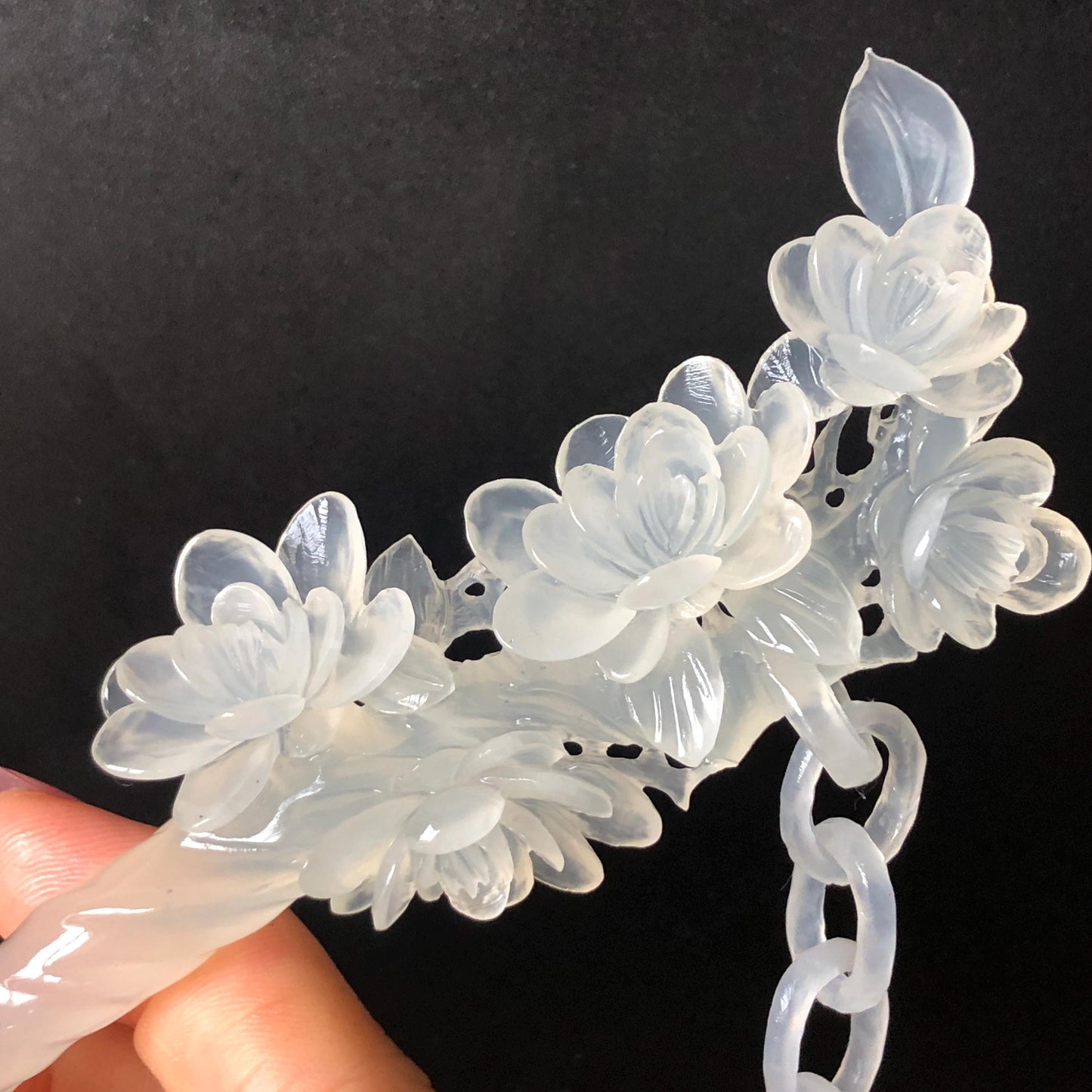 Certificate Natural Xiu Jade Serpentine Hand Carved Camellia Flower Hair Pin & Long Dangle | Asian Chinese Vintage Ice White Jade Hair Stick gift for her white jade carving camellia caving hand engraved flower hair stick hand carved jade hairpins japanese hair clip korean hair stick hanfu hairpins vintage hair comb antique hair fork bridal hair clip wedding hair headpiece bridal shower gift engagement hair accessory jade hair jewelry certified untreated jade