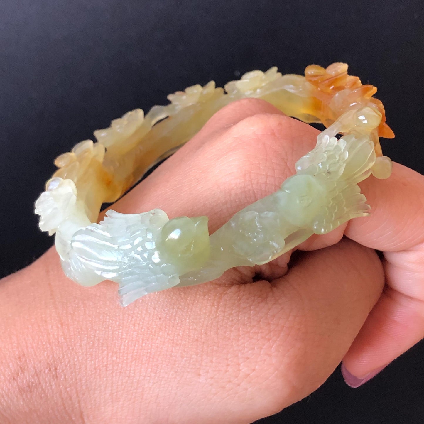 50mm-64mm! Customised Size Natural Xiu Jade Serpentine Hand Carved Magpies Birds & Plum Blossom flowers Bangle | Yellow Green Jade Bracelet gift for her customized size jade bangle tailor made jade bracelet personalised bangle green jade carving yellow jade certified untreated jade with certificate personalized gift for her big size bangle small size bangle
