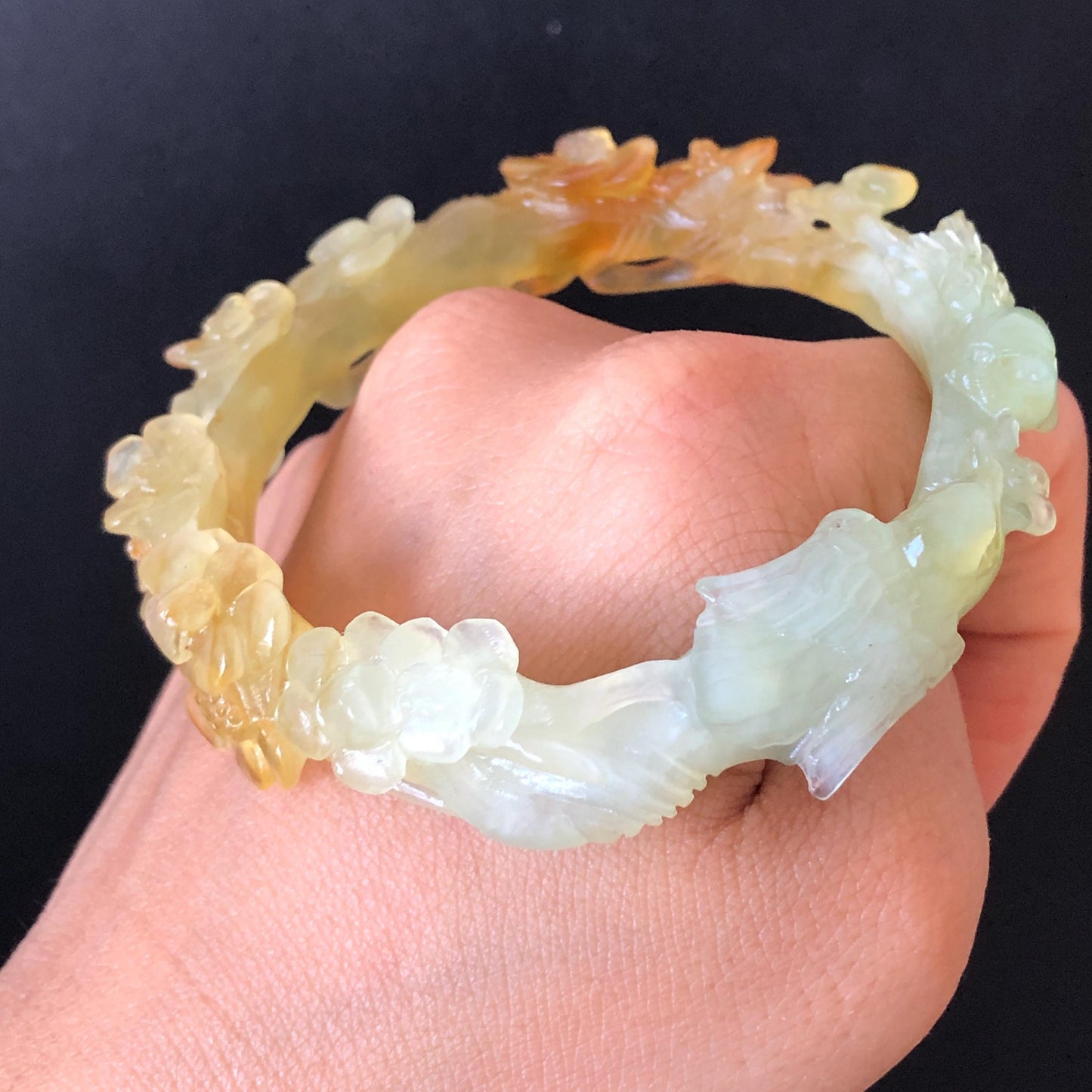 50mm-64mm! Customised Size Natural Xiu Jade Serpentine Hand Carved Magpies Birds & Plum Blossom flowers Bangle | Yellow Green Jade Bracelet gift for her customized size jade bangle tailor made jade bracelet personalised bangle green jade carving yellow jade certified untreated jade with certificate personalized gift for her big size bangle small size bangle