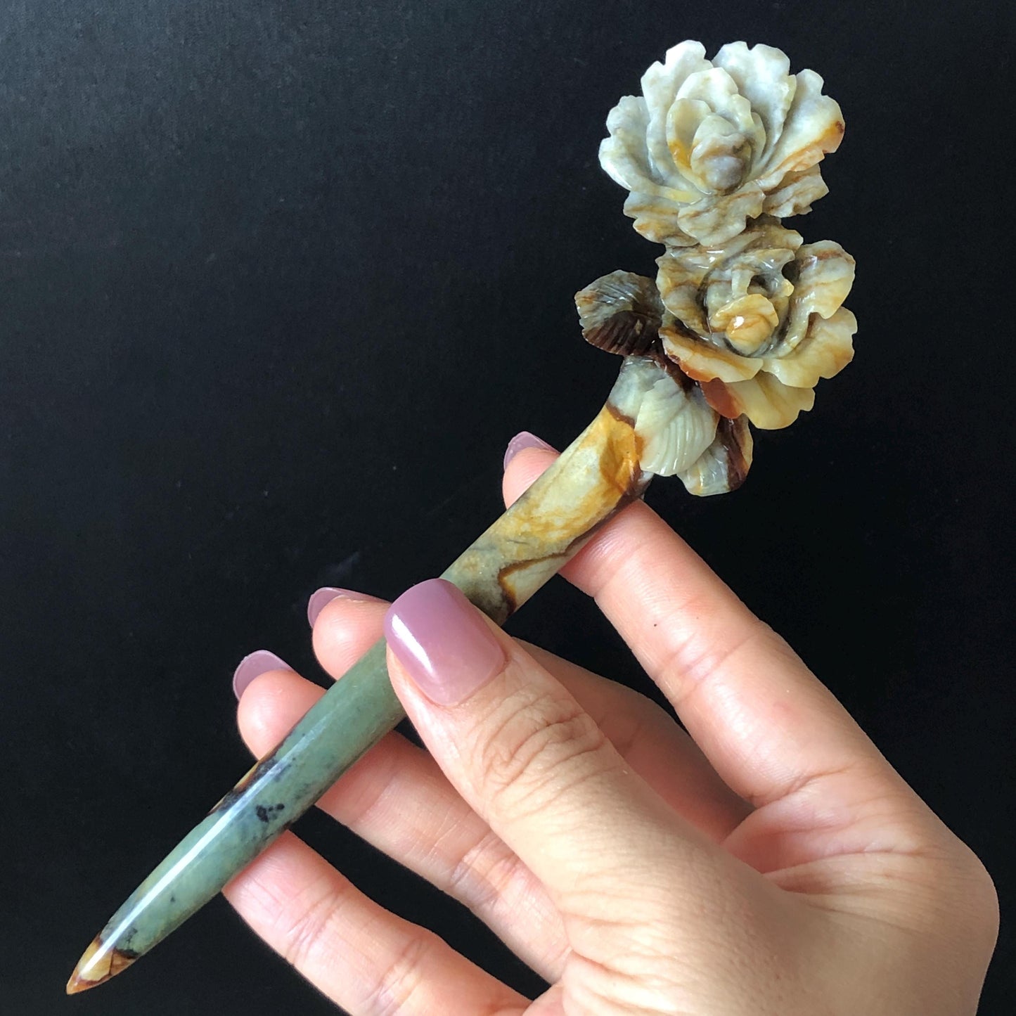 Certified Natural Xiu Jade Serpentine Hand Carved Rose Flower Hair Pin | Green Yellow Brown Green Jade Hair Stick | Asian Vintage Hair Fork gift for her green jade carving brown jade yellow jade hand engraved rose hairpin hand caved rose hair stick japanese hairpins korean hair fork chinese hair comb hanfu hair pins untreated jade with certificate