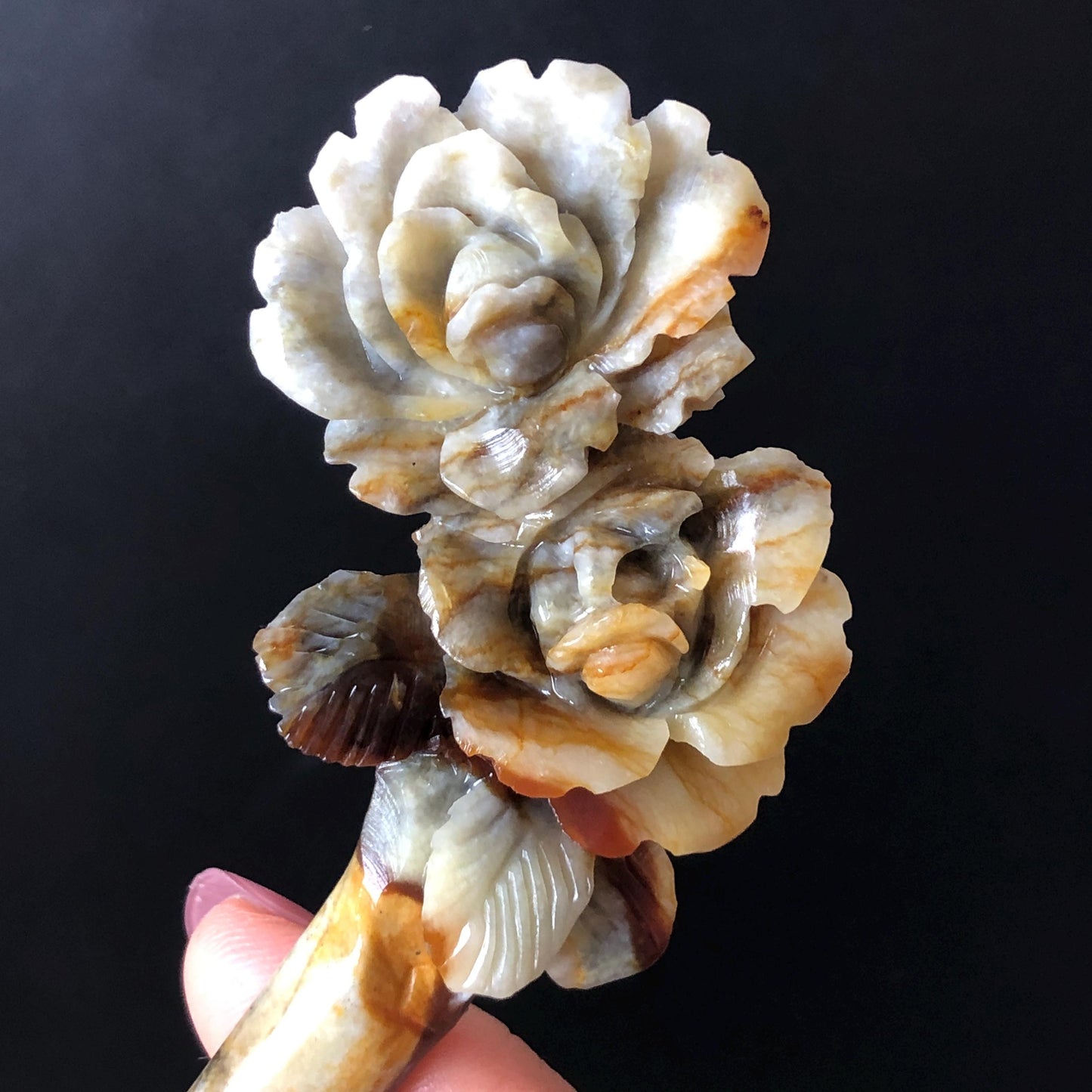 Certified Natural Xiu Jade Serpentine Hand Carved Rose Flower Hair Pin | Green Yellow Brown Green Jade Hair Stick | Asian Vintage Hair Fork gift for her green jade carving brown jade yellow jade hand engraved rose hairpin hand caved rose hair stick japanese hairpins korean hair fork chinese hair comb hanfu hair pins untreated jade with certificate