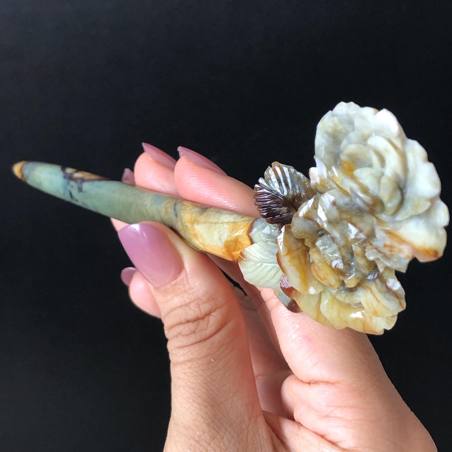 Certified Natural Xiu Jade Serpentine Hand Carved Rose Flower Hair Pin | Green Yellow Brown Green Jade Hair Stick | Asian Vintage Hair Fork gift for her green jade carving brown jade yellow jade hand engraved rose hairpin hand caved rose hair stick japanese hairpins korean hair fork chinese hair comb hanfu hair pins untreated jade with certificate