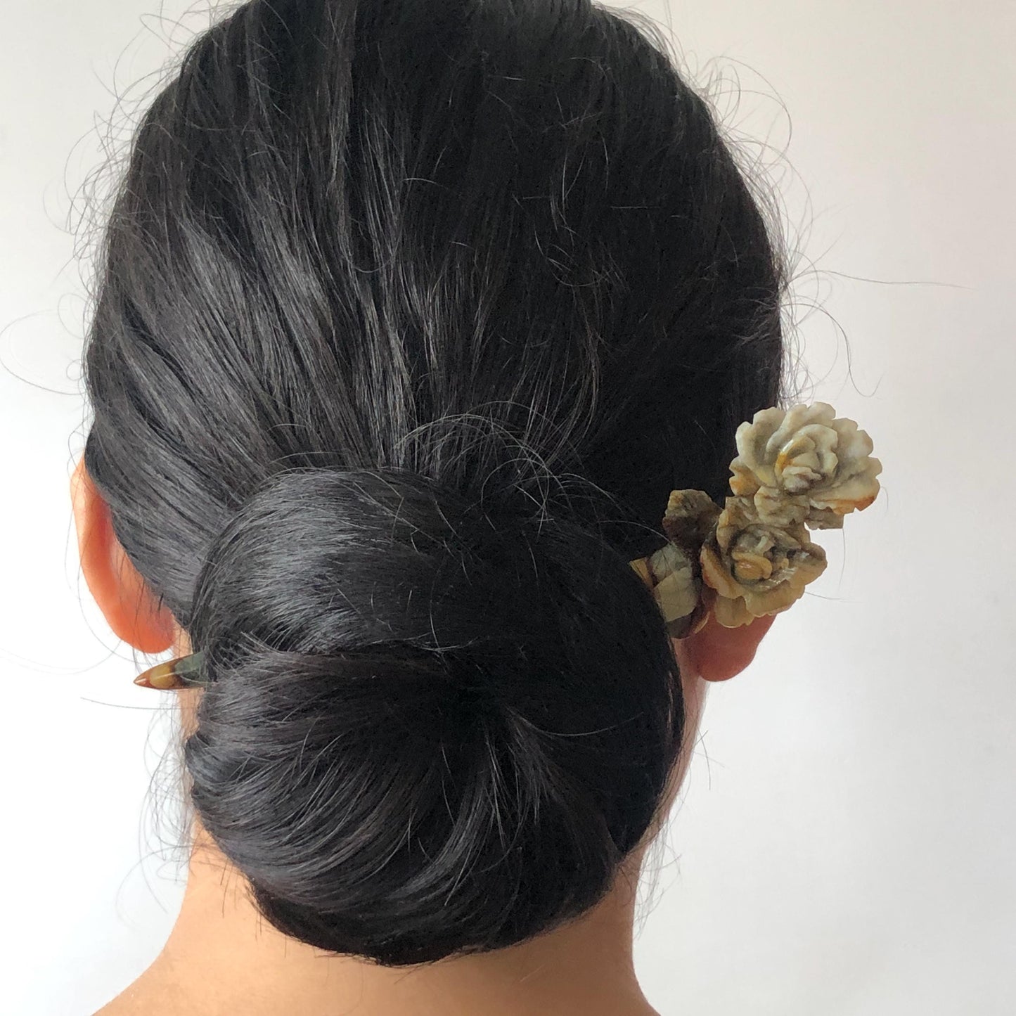 Certified Natural Xiu Jade Serpentine Hand Carved Rose Flower Hair Pin | Green Yellow Brown Green Jade Hair Stick | Asian Vintage Hair Fork gift for her green jade carving brown jade yellow jade hand engraved rose hairpin hand caved rose hair stick japanese hairpins korean hair fork chinese hair comb hanfu hair pins untreated jade with certificate