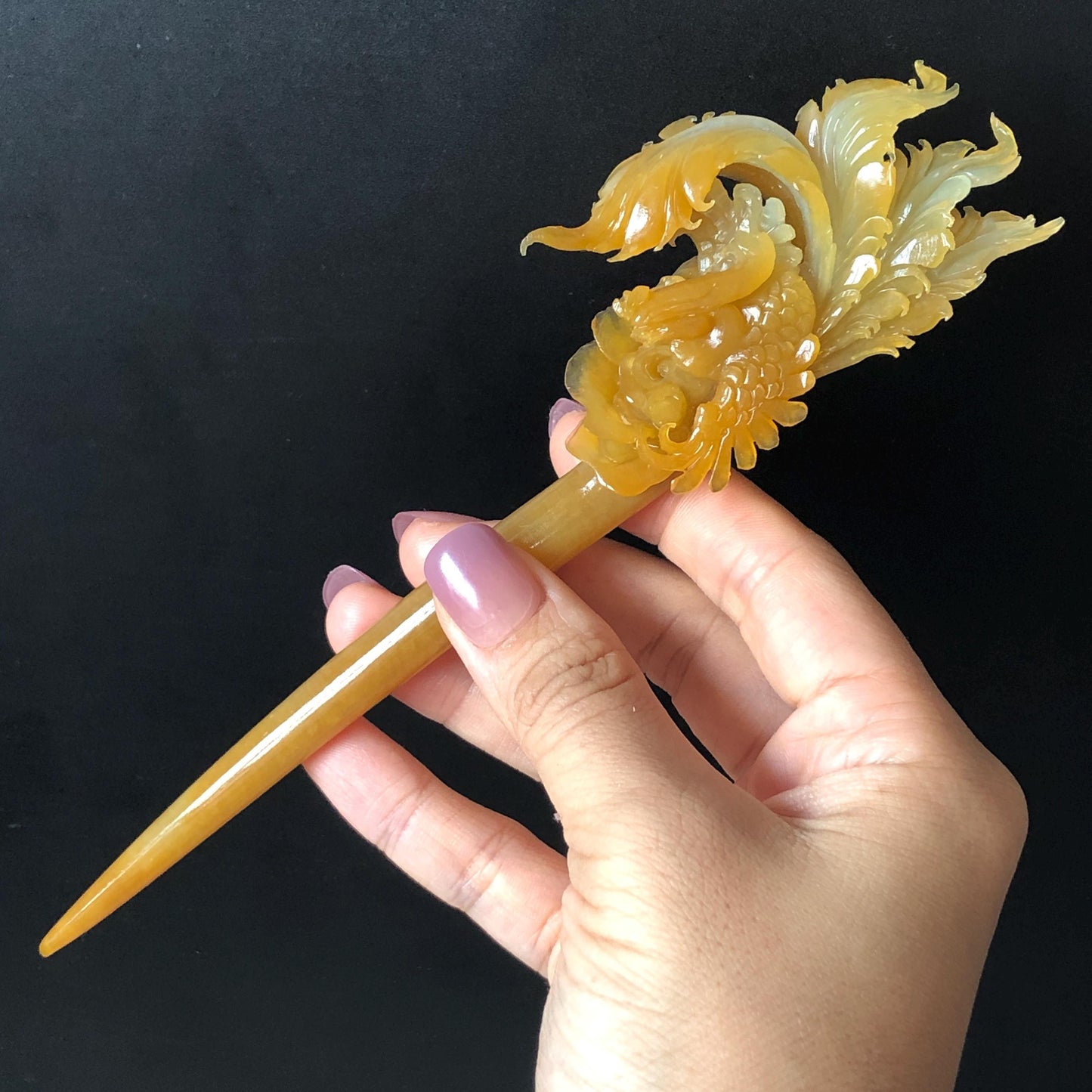 Xiu Jade Serpentine Hand Carved Golden Phoenix & Peony Hair Pin | Yellow Orange Red Jade Hair Stick | Asian Chinese Vintage Hanfu Hair Fork gift for her red jade orange jade yellow jade carving phoenix carving peony carving certified natural jade untreated jade with certificate chinese hairpins japanese hair pins korean hair stick hanfu hair comb antique hair fork wedding headpiece