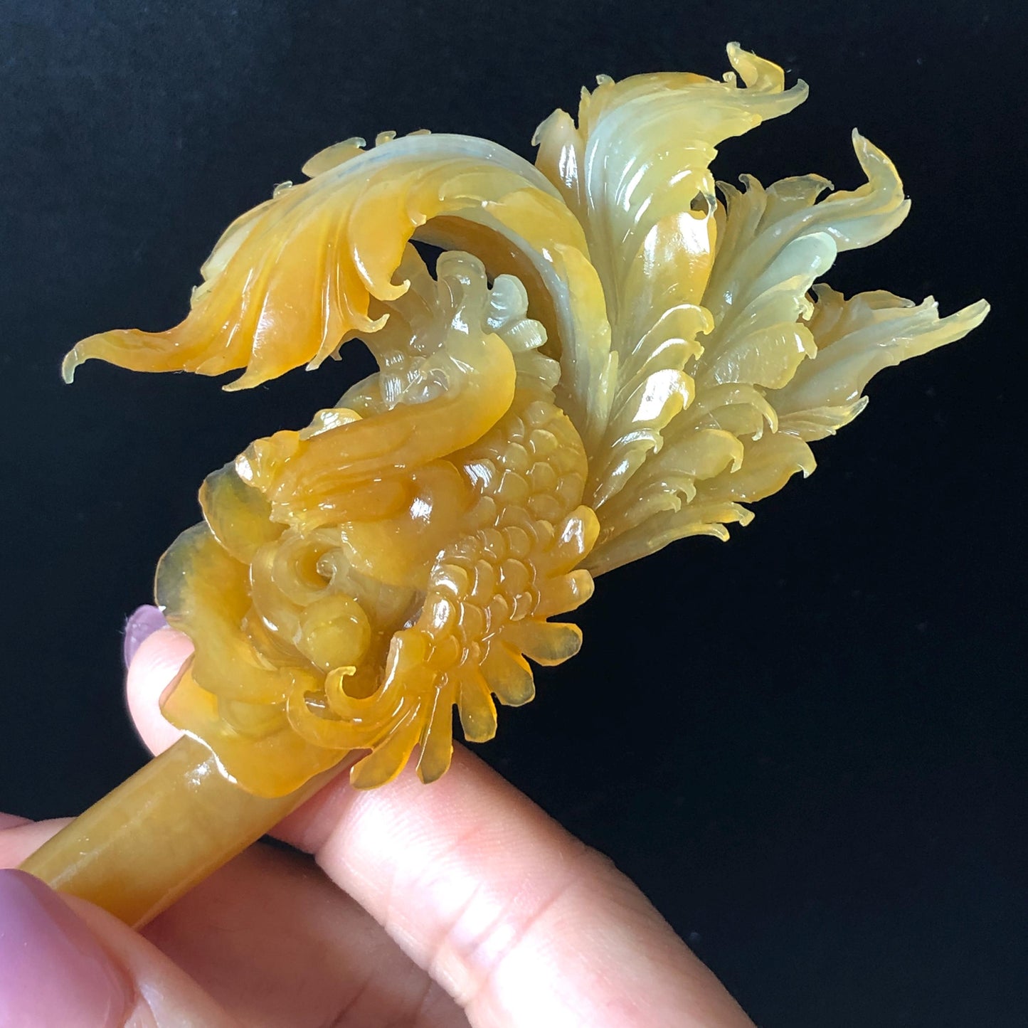 Xiu Jade Serpentine Hand Carved Golden Phoenix & Peony Hair Pin | Yellow Orange Red Jade Hair Stick | Asian Chinese Vintage Hanfu Hair Fork gift for her red jade orange jade yellow jade carving phoenix carving peony carving certified natural jade untreated jade with certificate chinese hairpins japanese hair pins korean hair stick hanfu hair comb antique hair fork wedding headpiece