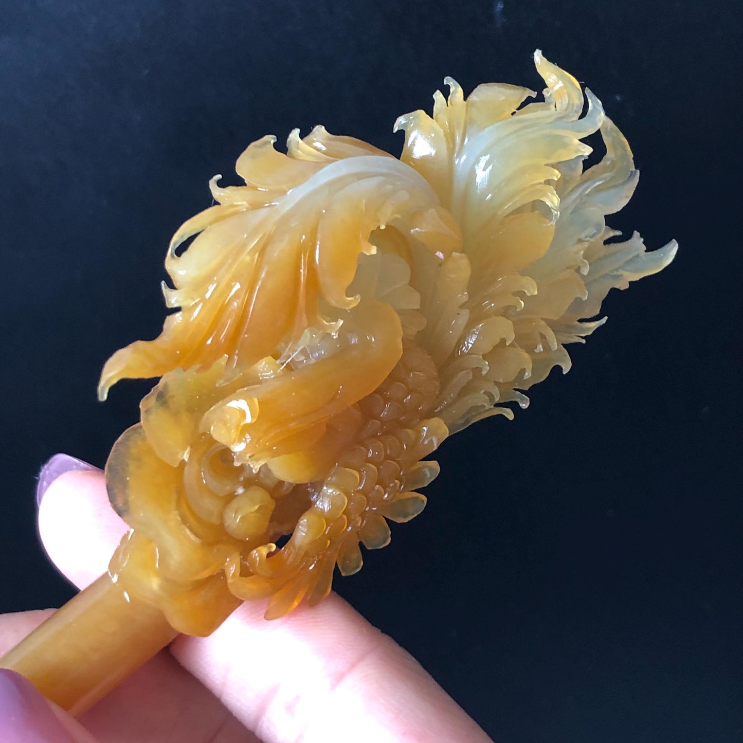 Xiu Jade Serpentine Hand Carved Golden Phoenix & Peony Hair Pin | Yellow Orange Red Jade Hair Stick | Asian Chinese Vintage Hanfu Hair Fork gift for her red jade orange jade yellow jade carving phoenix carving peony carving certified natural jade untreated jade with certificate chinese hairpins japanese hair pins korean hair stick hanfu hair comb antique hair fork wedding headpiece