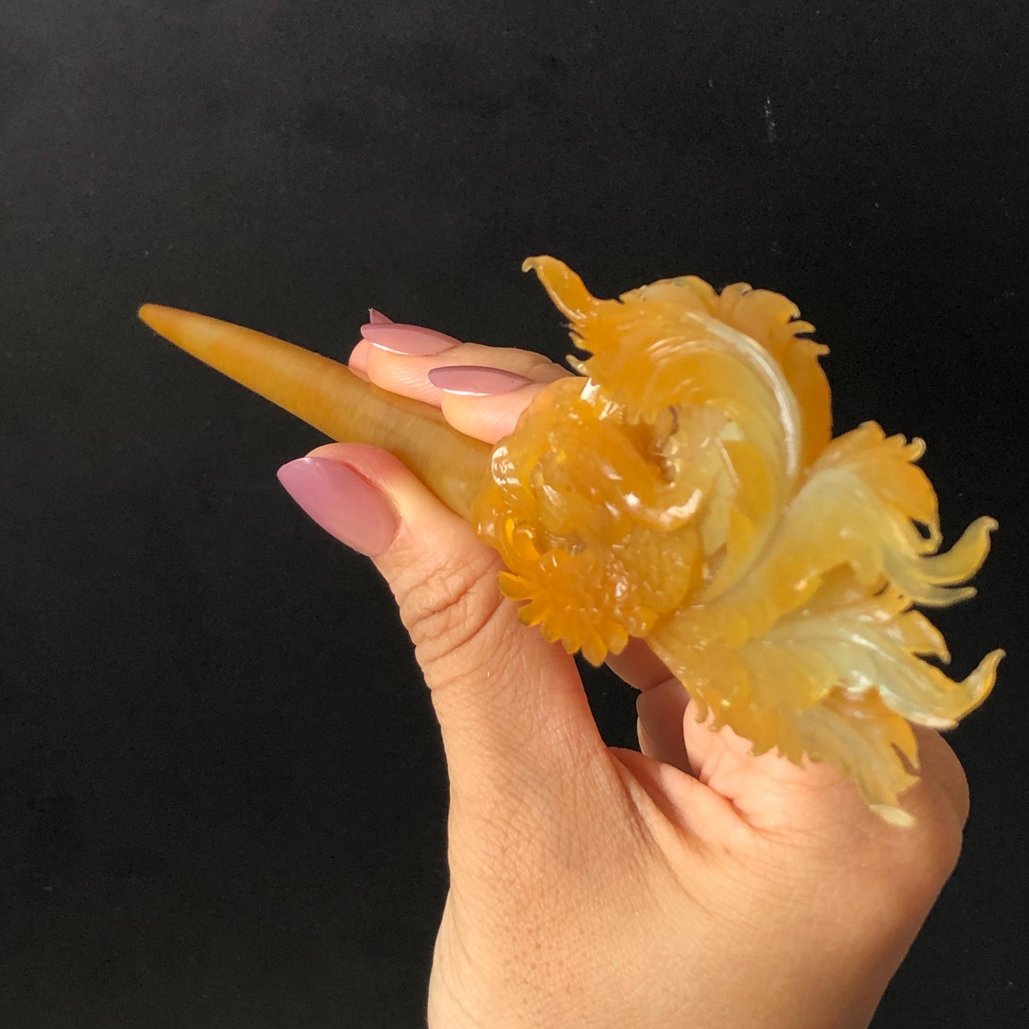 Xiu Jade Serpentine Hand Carved Golden Phoenix & Peony Hair Pin | Yellow Orange Red Jade Hair Stick | Asian Chinese Vintage Hanfu Hair Fork gift for her red jade orange jade yellow jade carving phoenix carving peony carving certified natural jade untreated jade with certificate chinese hairpins japanese hair pins korean hair stick hanfu hair comb antique hair fork wedding headpiece