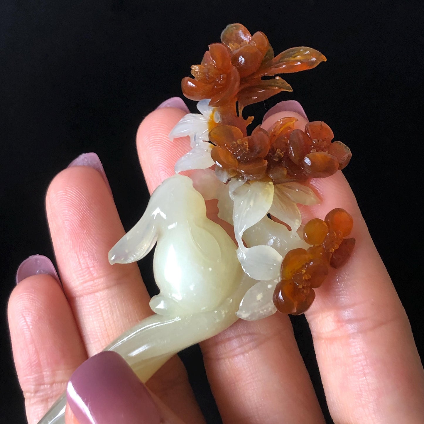 Certified Natural Xiu Jade Serpentine Hand Carved Rabbit Bunny & Osmanthus fragrans Flower Hair Pin | Bi-colour White Brown Jade Hair Stick white jade carving brown jade hairpins japanese hair comb korean hair fork chinese jade vintage hair jewelry antique hair stick hanfu hair pins wedding hair clip bridal hair stick certificate jade untreated jade