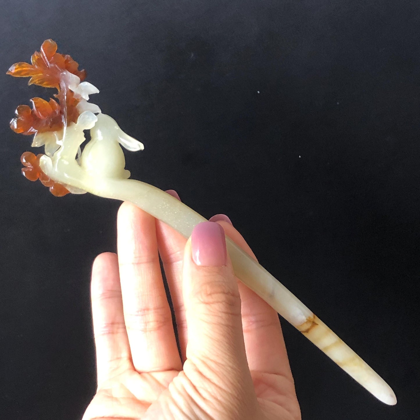 Certified Natural Xiu Jade Serpentine Hand Carved Rabbit Bunny & Osmanthus fragrans Flower Hair Pin | Bi-colour White Brown Jade Hair Stick white jade carving brown jade hairpins japanese hair comb korean hair fork chinese jade vintage hair jewelry antique hair stick hanfu hair pins wedding hair clip bridal hair stick certificate jade untreated jade