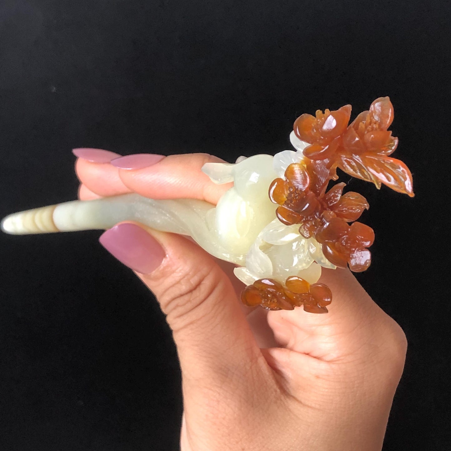 Certified Natural Xiu Jade Serpentine Hand Carved Rabbit Bunny & Osmanthus fragrans Flower Hair Pin | Bi-colour White Brown Jade Hair Stick white jade carving brown jade hairpins japanese hair comb korean hair fork chinese jade vintage hair jewelry antique hair stick hanfu hair pins wedding hair clip bridal hair stick certificate jade untreated jade