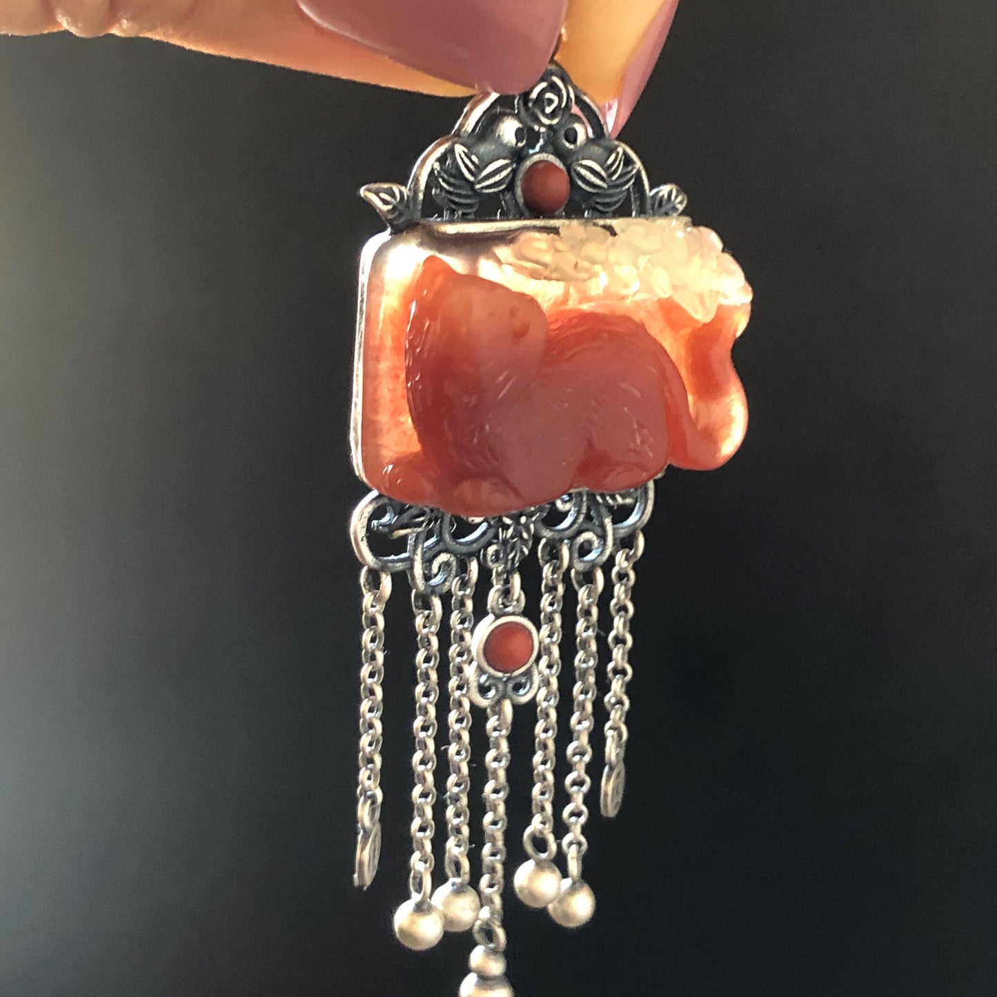 Certified Natural Xiu Jade Serpentine Hand Carved Cat & Flower Pendant Adjustable Necklace | White Red Jade | 925 Sterling Silver Dangle charm necklace gift for her vintage silver pendant red jade carving white jade bi-colour jade natural untreated jade with certificate cat carving kitten carving hand carved cat hand engraved cat charm South red agate jade choker Osmanthus fragrans caring carved flower charm flower carving cat lover gift