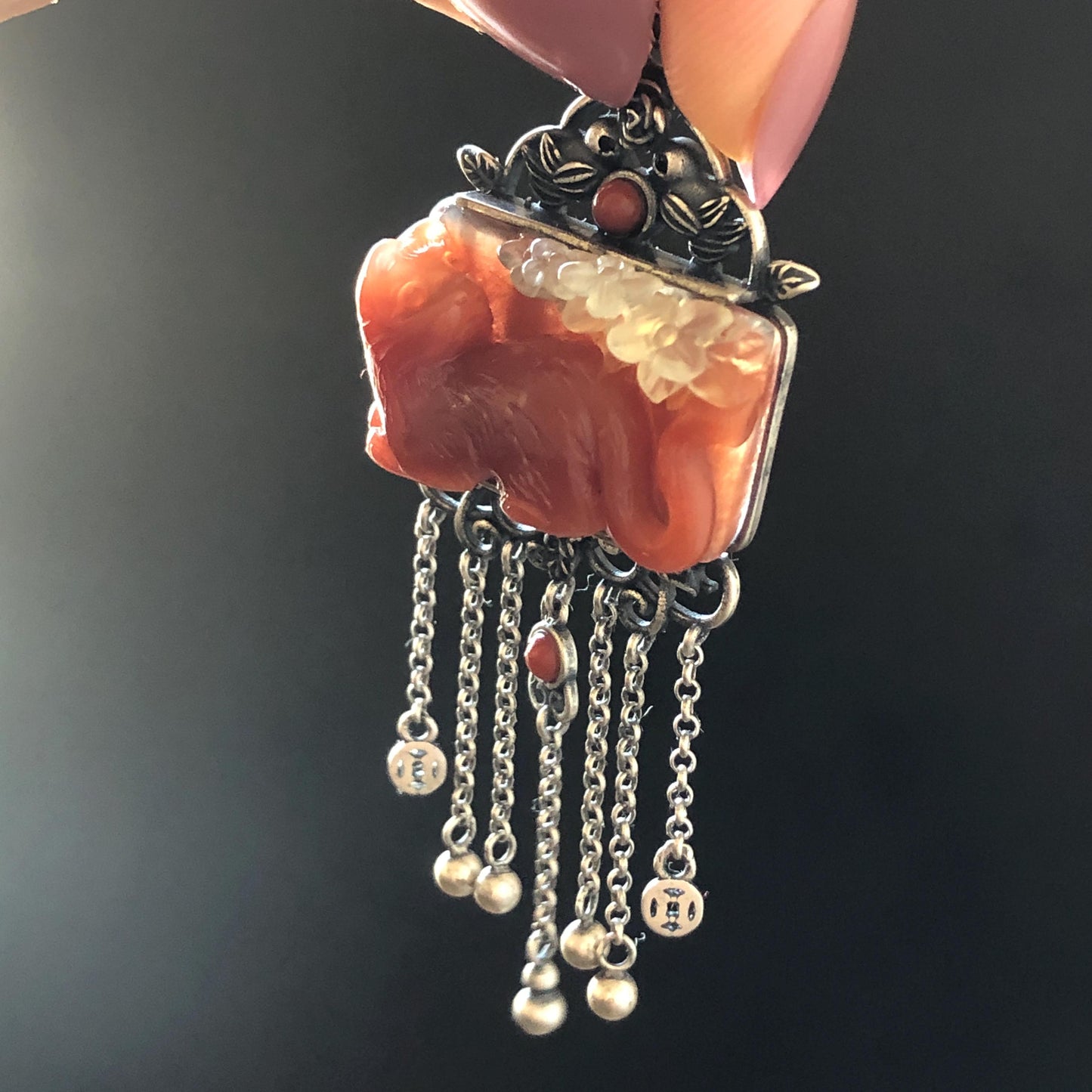 Certified Natural Xiu Jade Serpentine Hand Carved Cat & Flower Pendant Adjustable Necklace | White Red Jade | 925 Sterling Silver Dangle charm necklace gift for her vintage silver pendant red jade carving white jade bi-colour jade natural untreated jade with certificate cat carving kitten carving hand carved cat hand engraved cat charm South red agate jade choker Osmanthus fragrans caring carved flower charm flower carving cat lover gift
