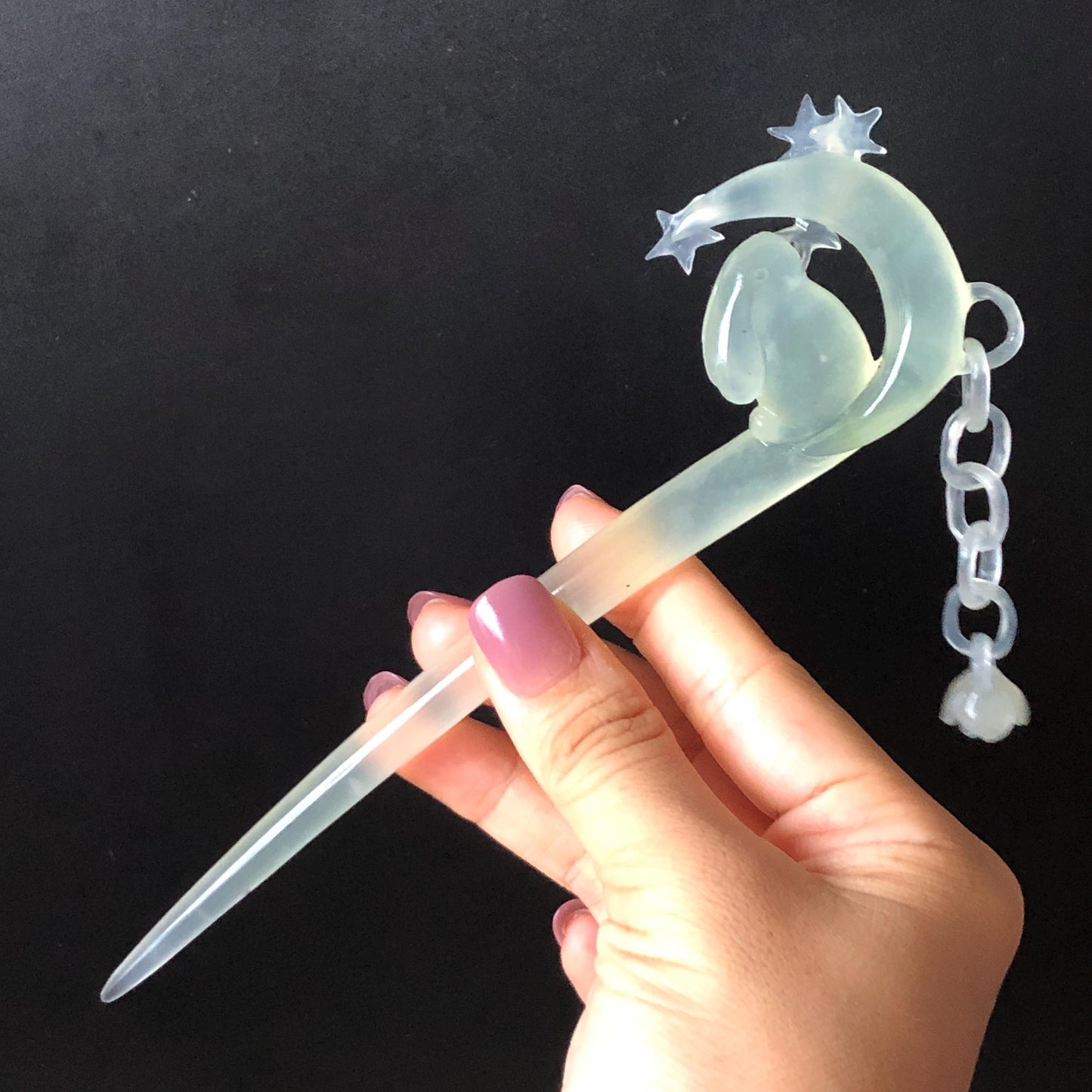 Certified Natural Xiu Jade Serpentine Hand Carved Hair Pin with Dangle | Rabbit Bunny on Moon & Star | Icy White Green Jade Hair Stick Gift for her hand engraved white jade carving hand engraved green jade koren hair stick japanese hair pin hanfu hair comb chinese hair clip hand engraved rabbit carving hand carved bunny carving carved moon carving icy chinese jade vinatge hair stick