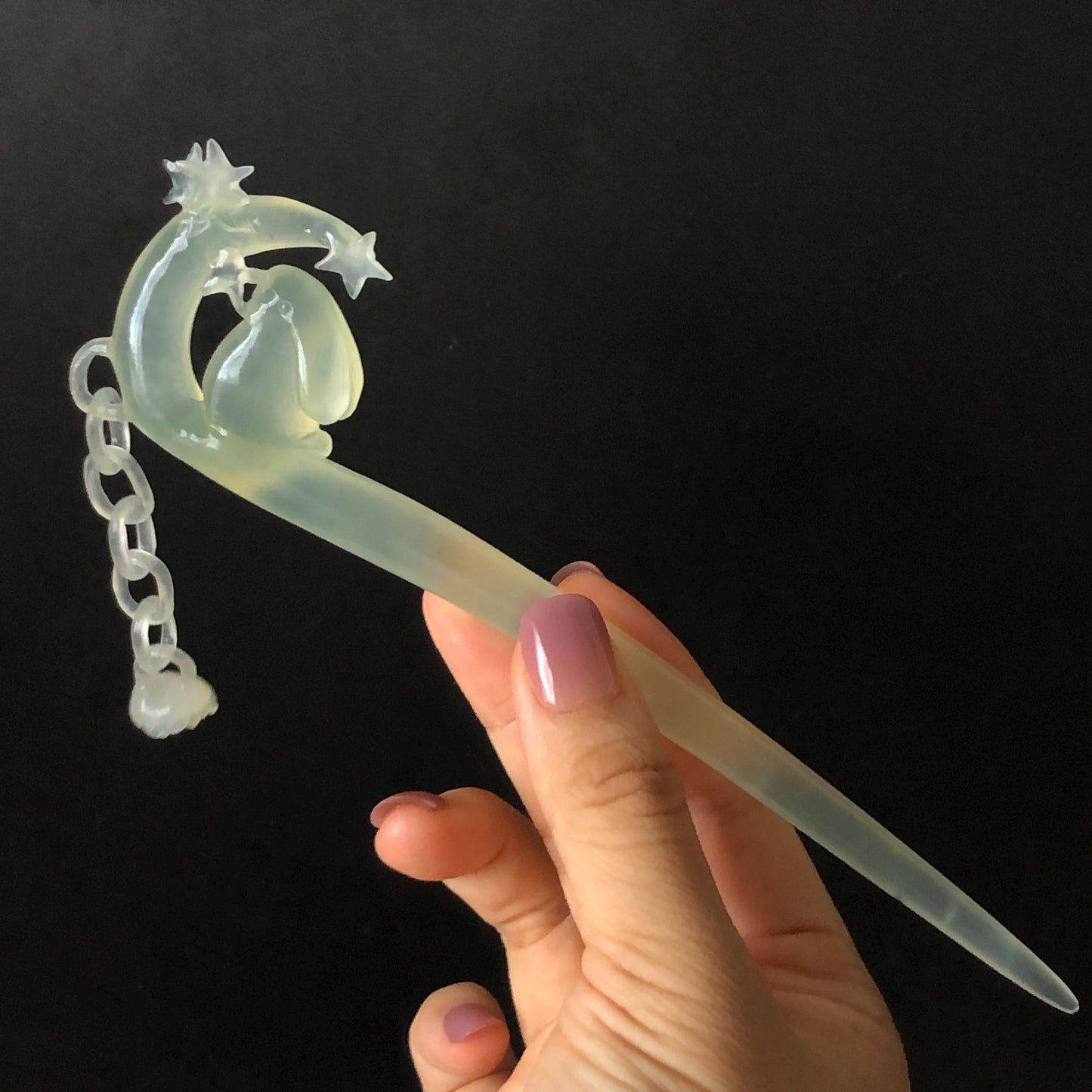 Certified Natural Xiu Jade Serpentine Hand Carved Hair Pin with Dangle | Rabbit Bunny on Moon & Star | Icy White Green Jade Hair Stick Gift for her hand engraved white jade carving hand engraved green jade koren hair stick japanese hair pin hanfu hair comb chinese hair clip hand engraved rabbit carving hand carved bunny carving carved moon carving icy chinese jade vinatge hair stick