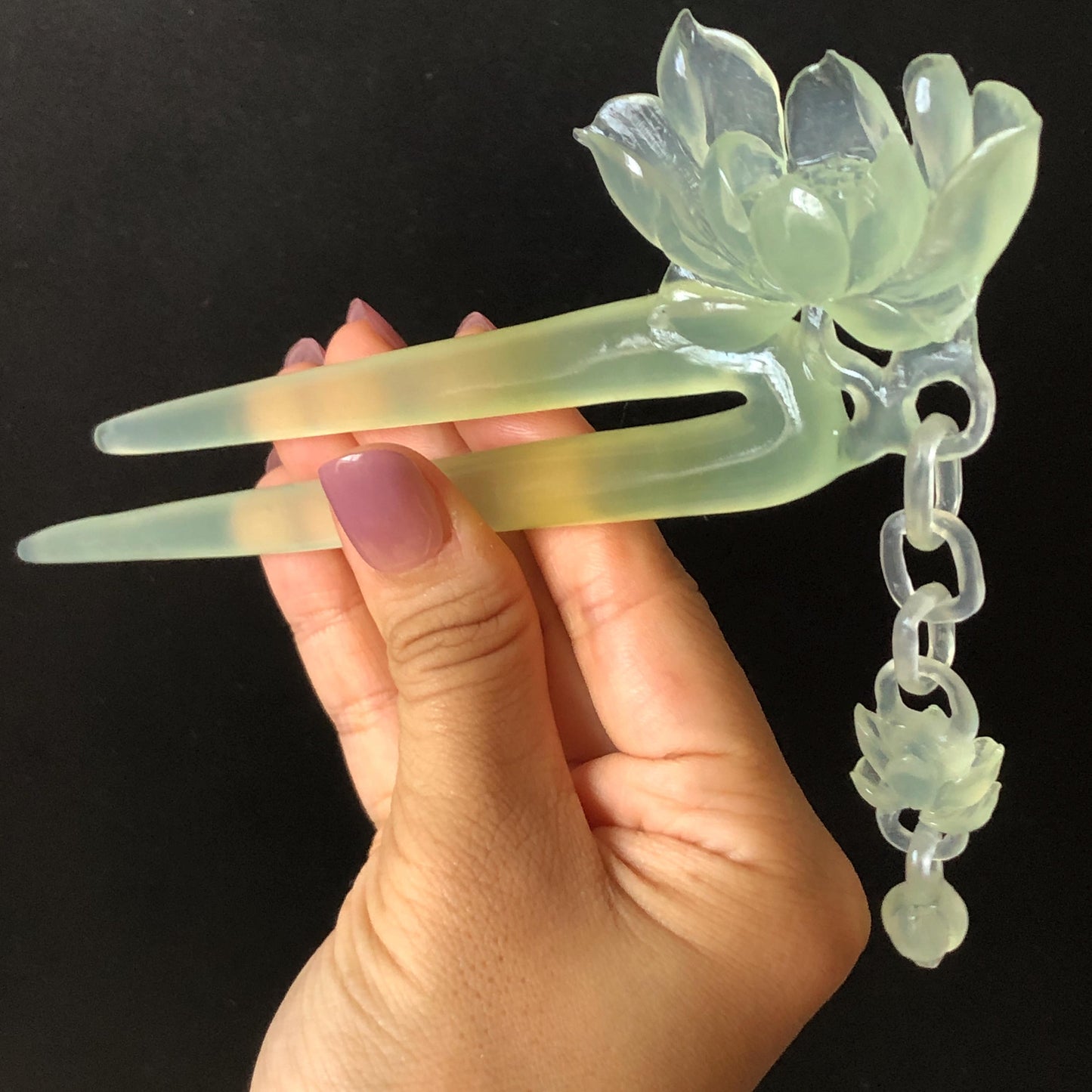 Certificate Natural Xiu Jade Serpentine Hand Carved Lotus Flower Hair Pin Dangle | Ice Green Jade Hair Stick | Asian Vintage Gift for her hand engraved green jade carving hand engraved lotus carving chinese jade fork japanese hair stick korean hair pin hanfu hairpins bridal hair clip ice jade hair comb certified untreated jade vinatge hairpin antique hair fork
