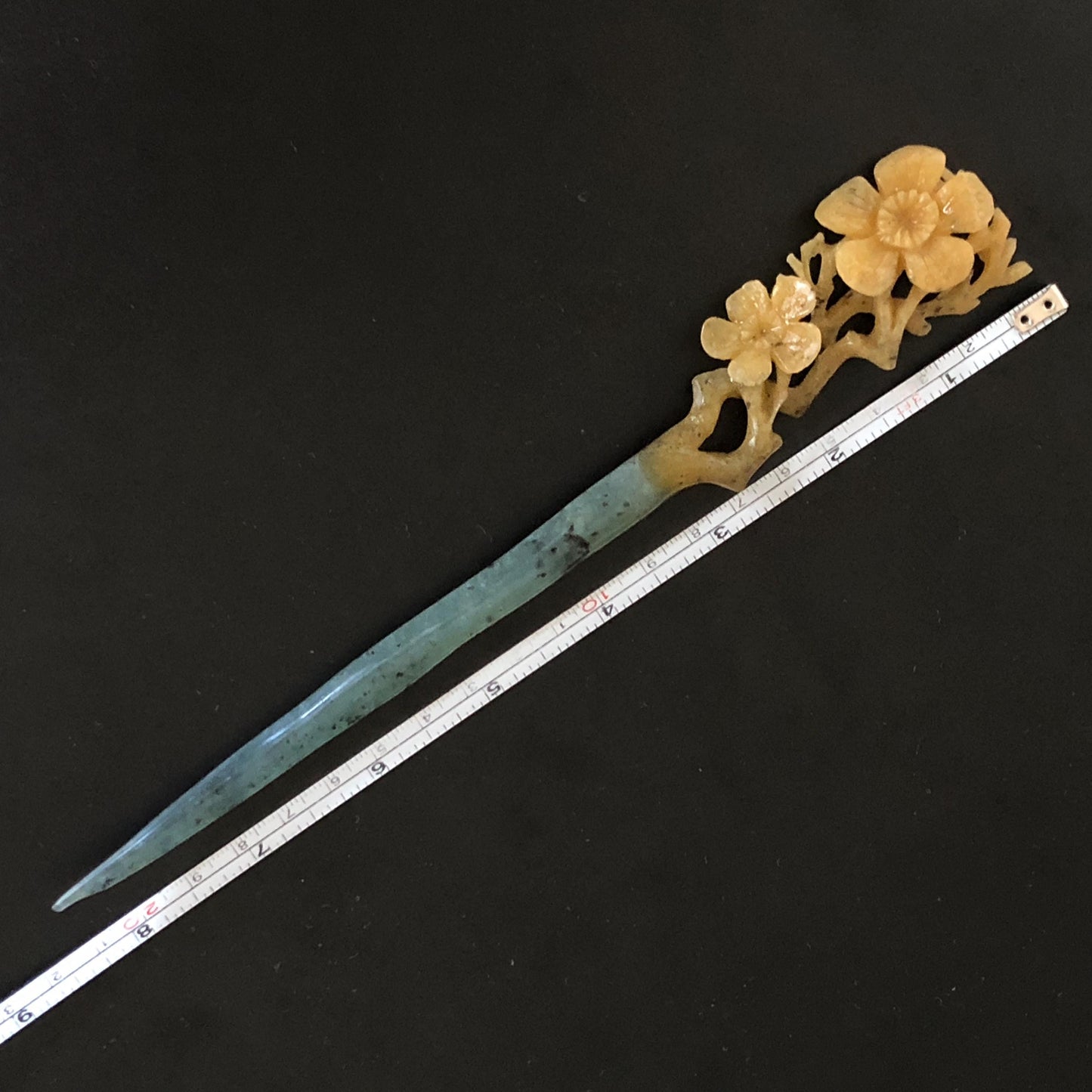 Certified Natural Xiu Jade Serpentine Hand Carved Plum Blossom Flower Hair Pin | Yellow & Green Jade Hair Stick | Asian Chinese Vintage Gift for her hand engraved green jade carving hand carved yellow jade hair pins flower carving korean hair comb chinese hair fork japanese hair clip bridal shower hair pins natural untreated jade with certificate vintage hair stick antique hair fork